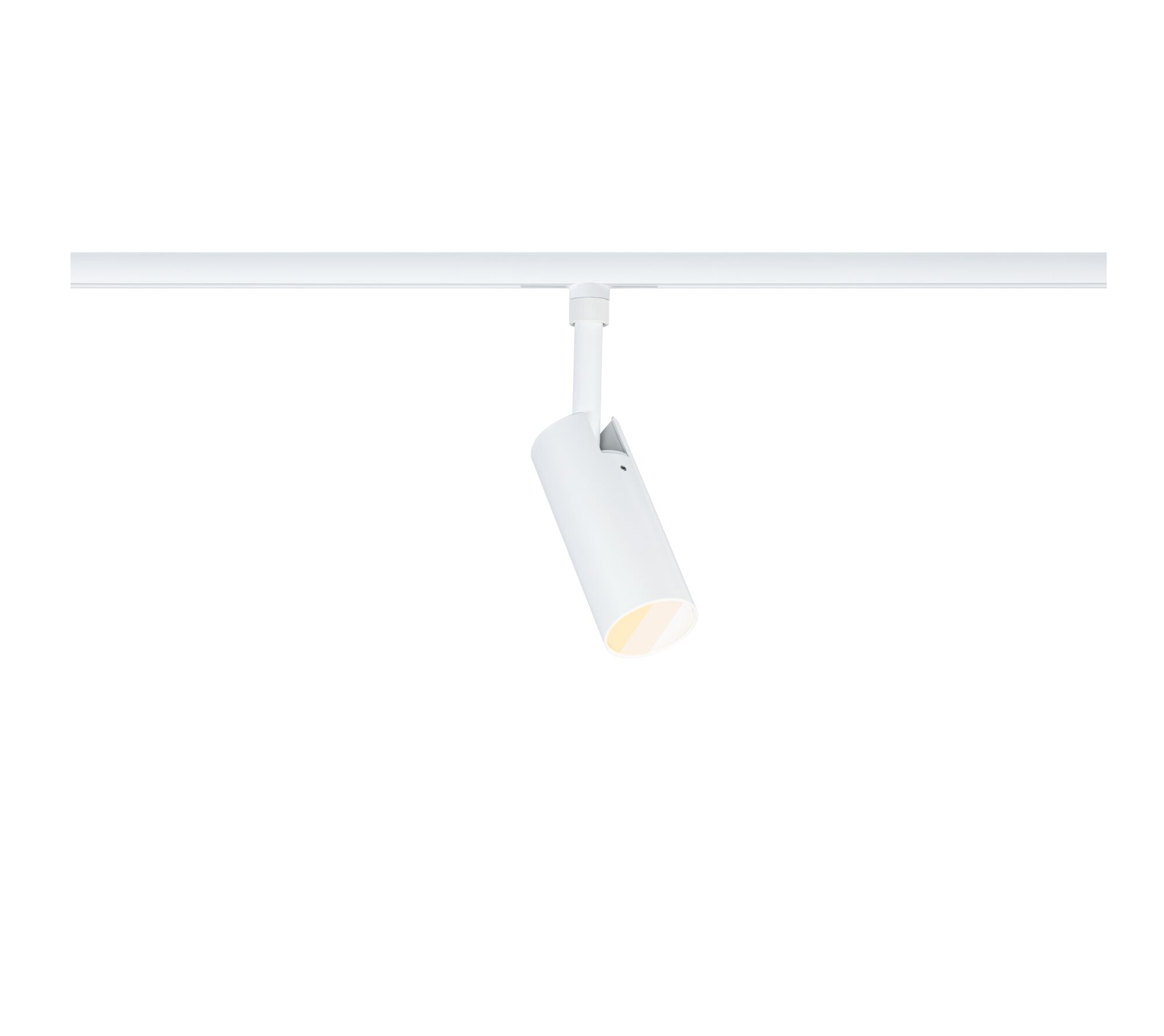 Biały reflektor szynowy z cylindryczną głowicą zamontowany na białej szynie.