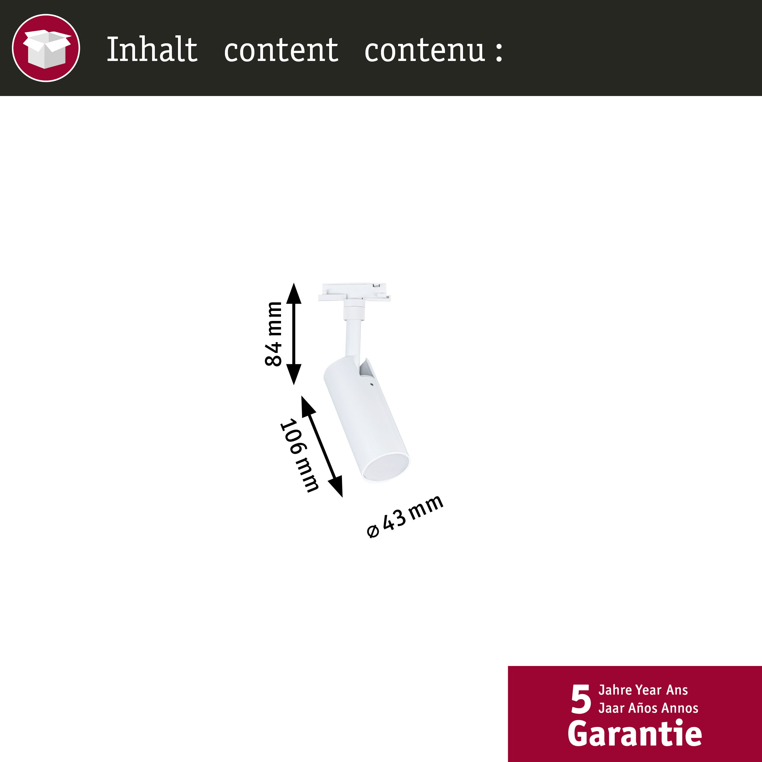 Biała lampa o wymiarach: wysokość 84mm, długość 106mm, średnica 43mm.
