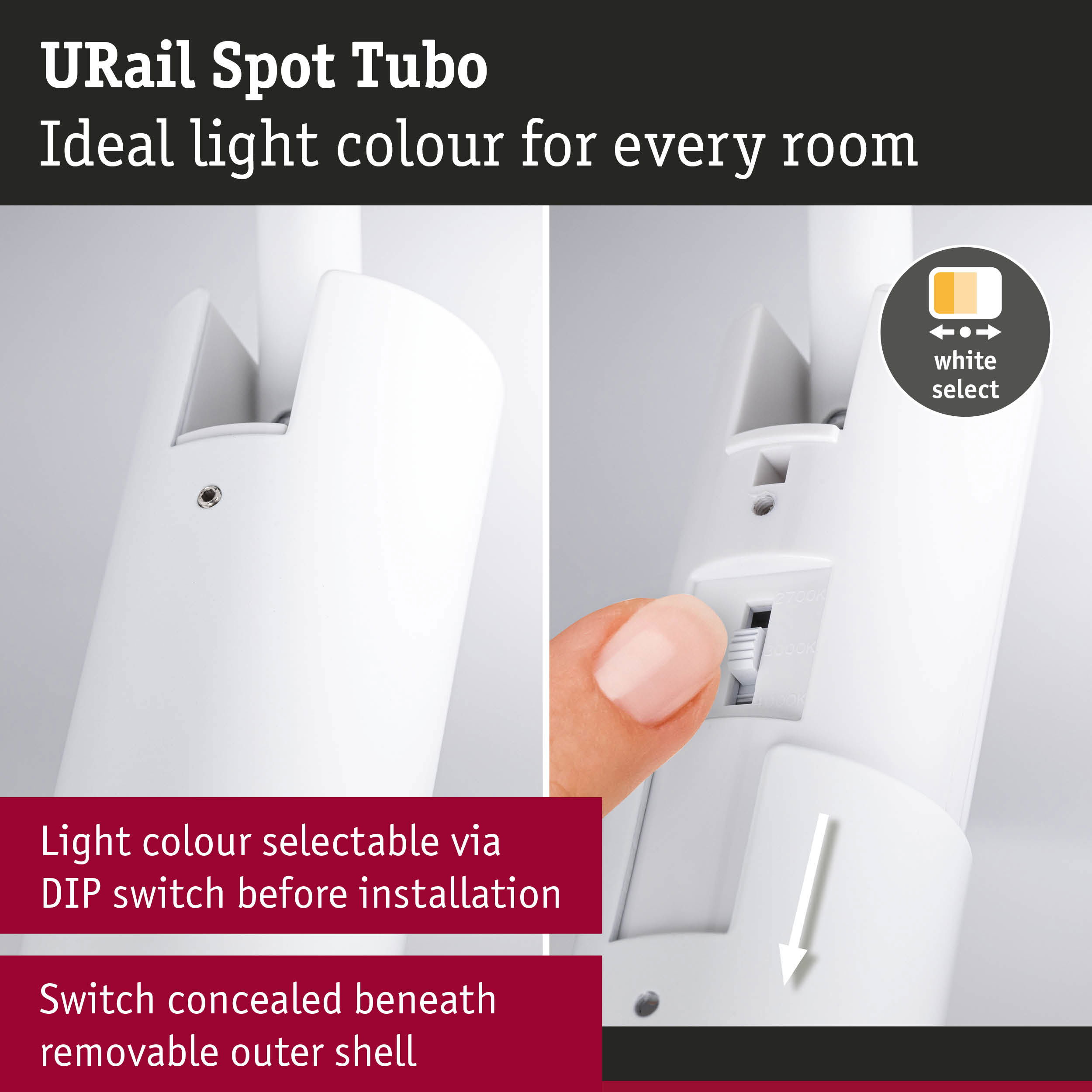 Zbliżenie białej oprawy oświetleniowej z przełącznikiem DIP do wyboru koloru.