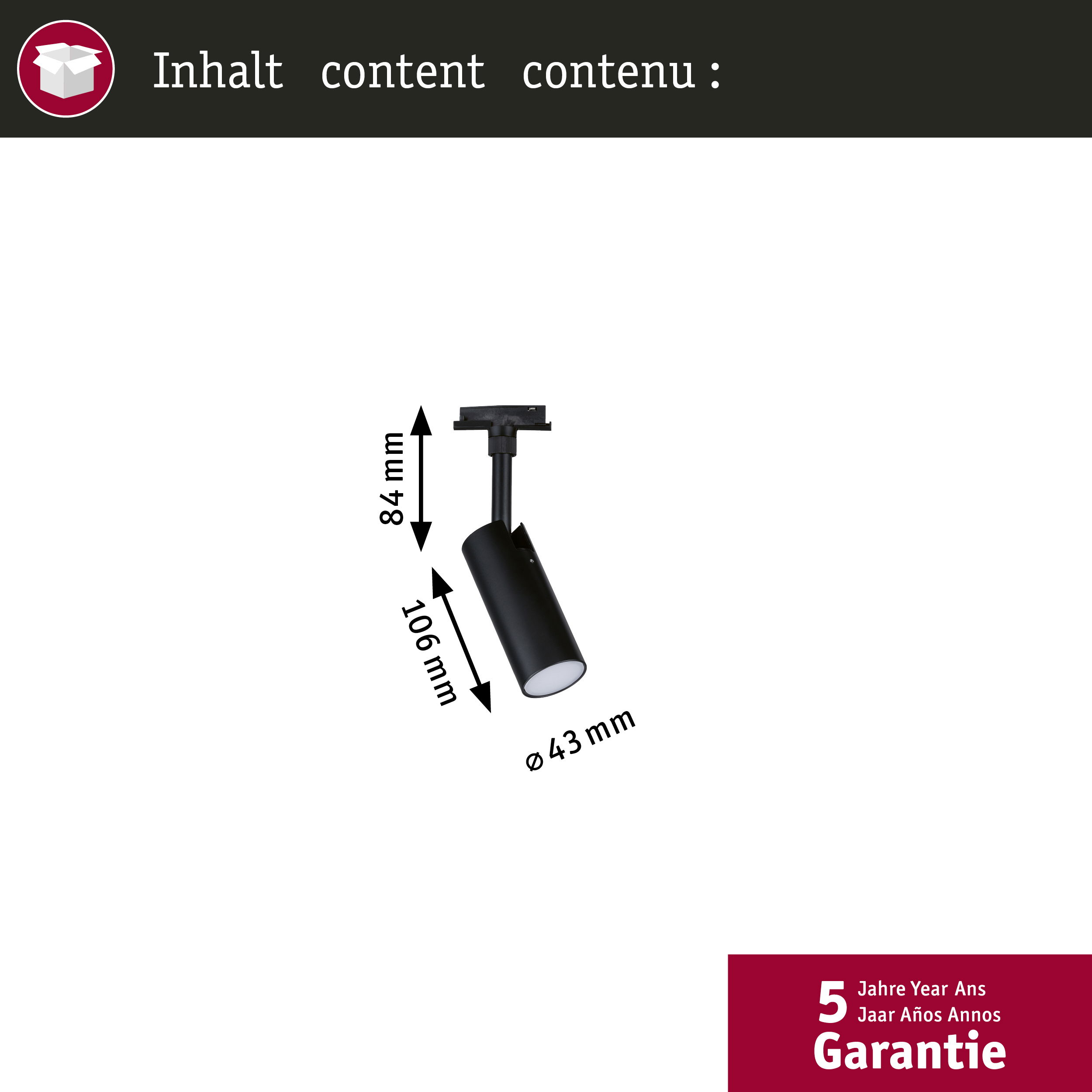 Czarny spot z wymiarami: wys. 84mm, dł. 106mm, śr. 43mm. 5 lat gwarancji.