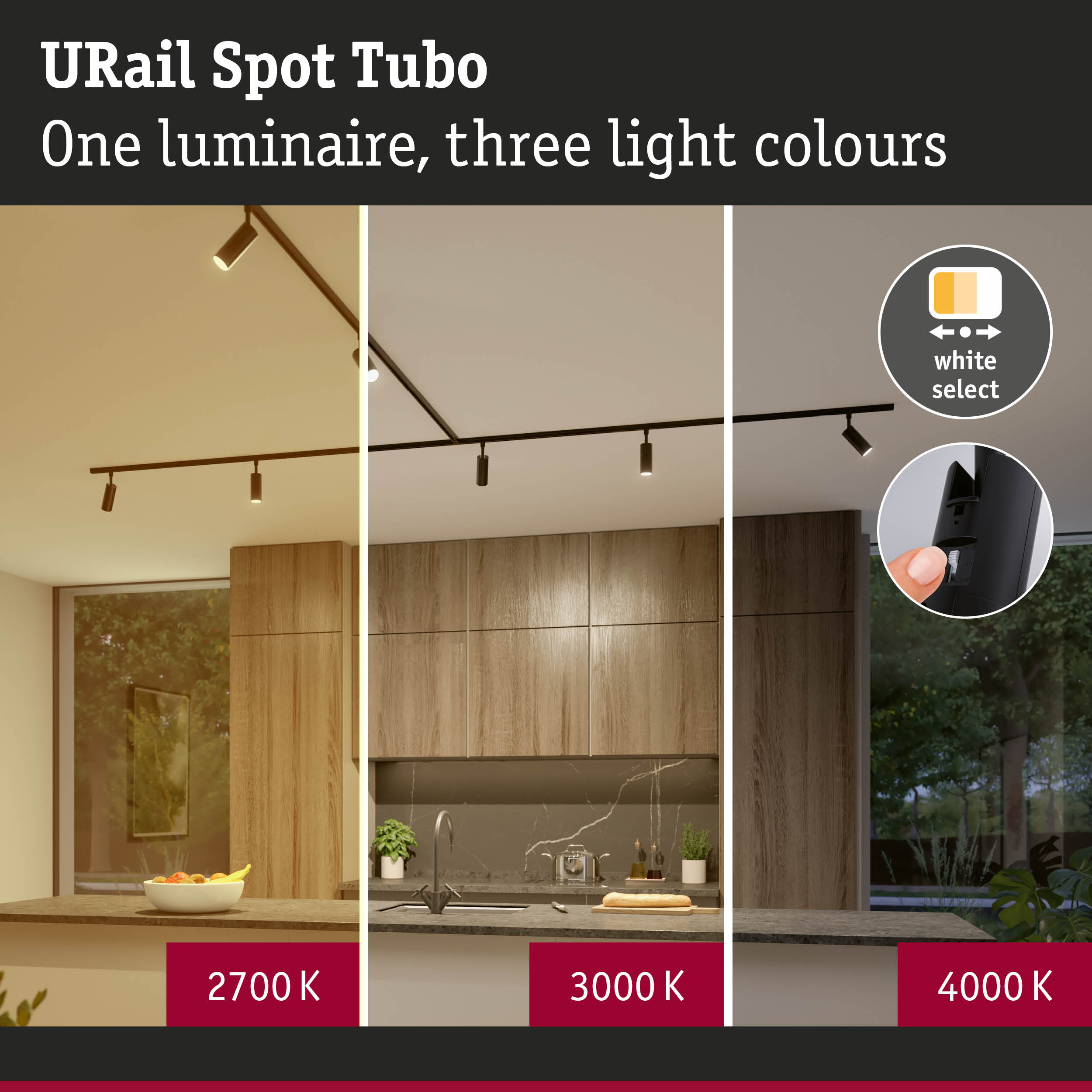 URail Spot Tubo: trzy barwy światła, 2700K, 3000K, 4000K.