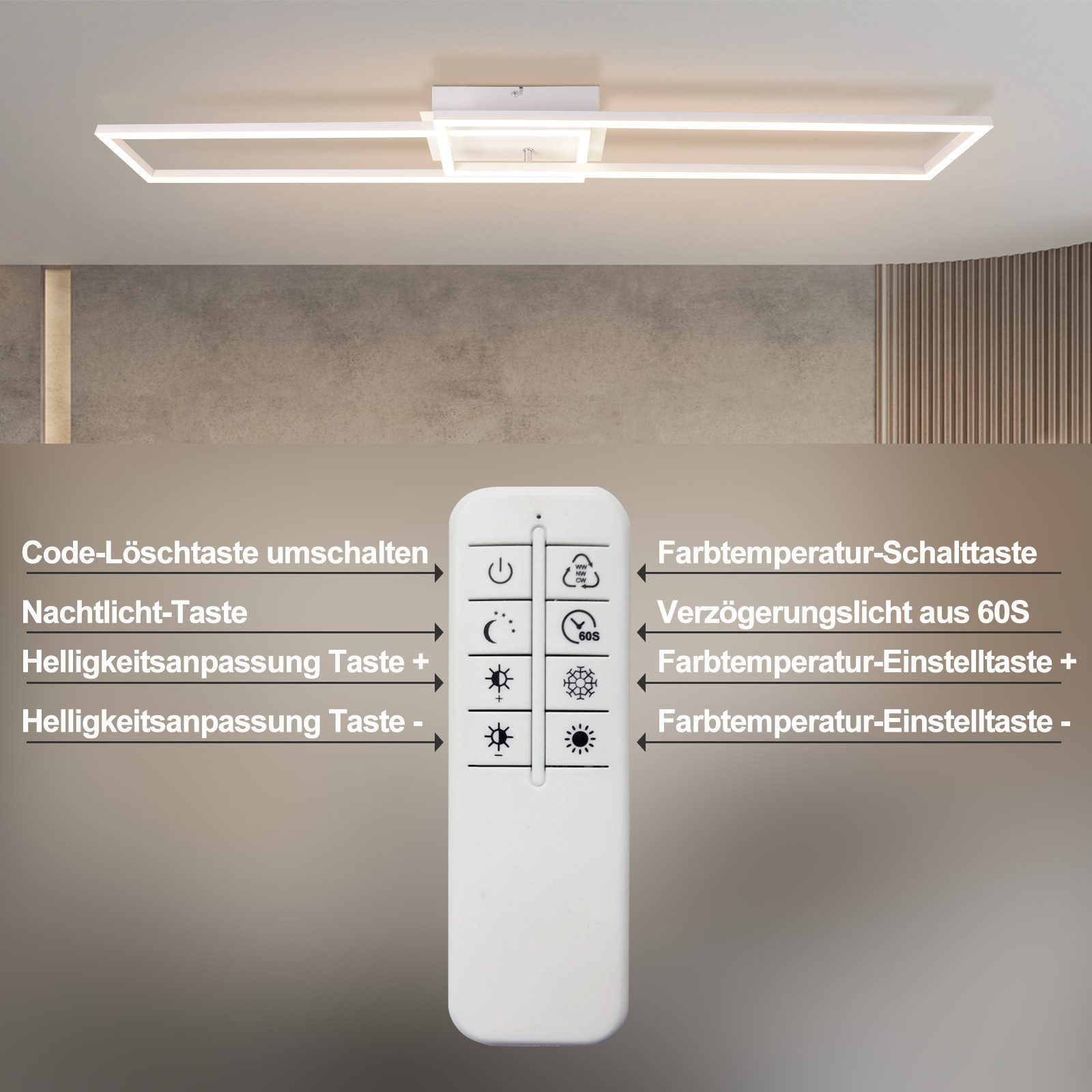 Biały pilot z ikonami funkcji oświetlenia przed lampą sufitową.