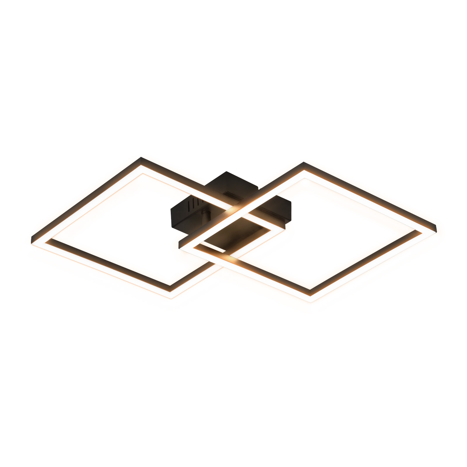 Una moderna lampada da soffitto con due cornici quadrate intersecate, che emettono luce calda.