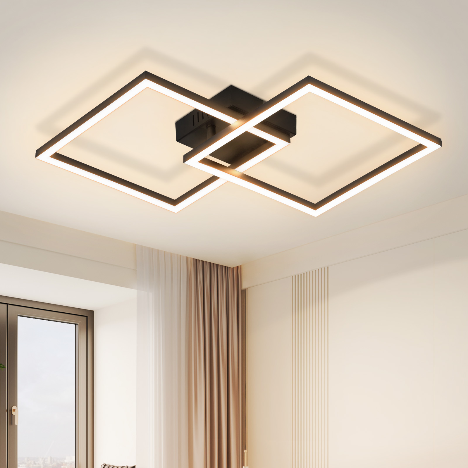 Lampada da soffitto moderna con due quadrati interconnessi e illuminazione LED.