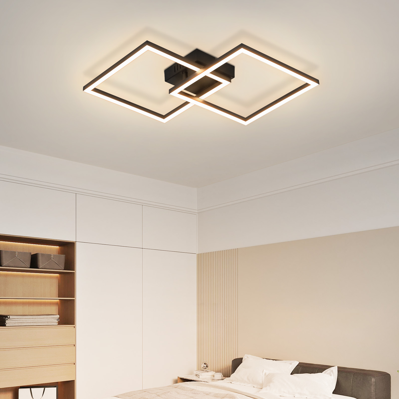 Plafoniera moderna con due quadrati luminosi interconnessi.