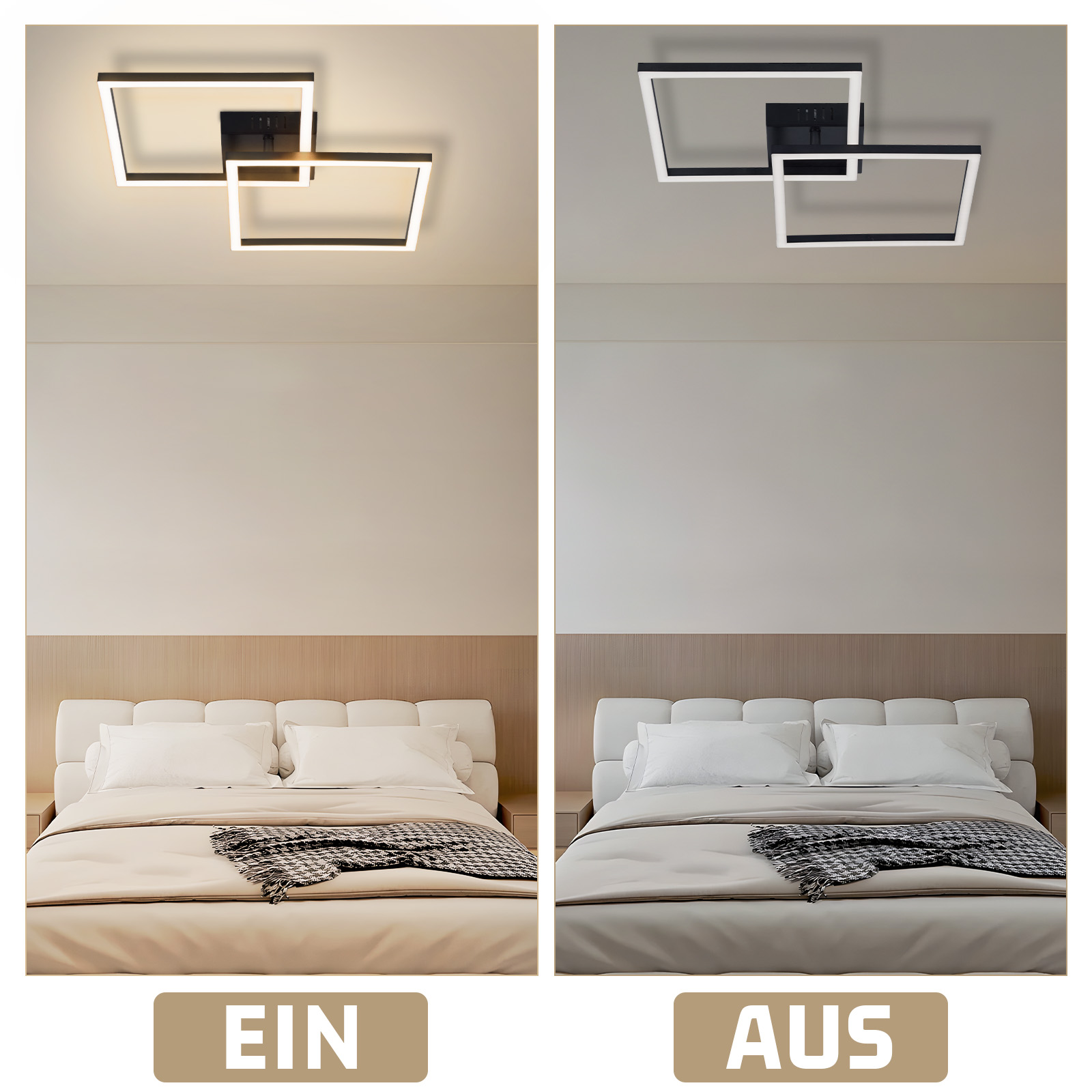 Due immagini mostrano una camera da letto con letto e plafoniera, una accesa e una spenta.