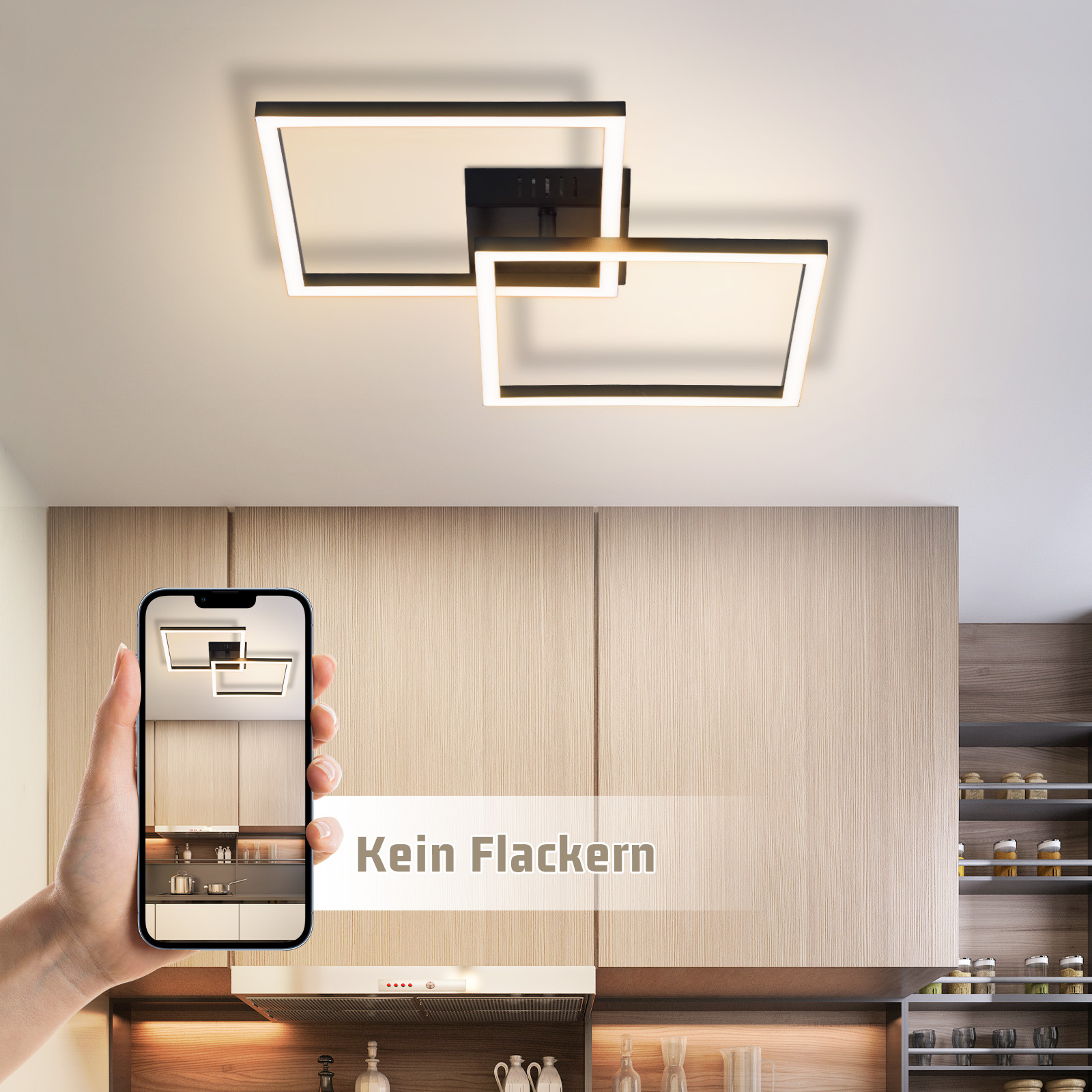 Lampadario moderno con due anelli quadrati sopra una cucina in legno.