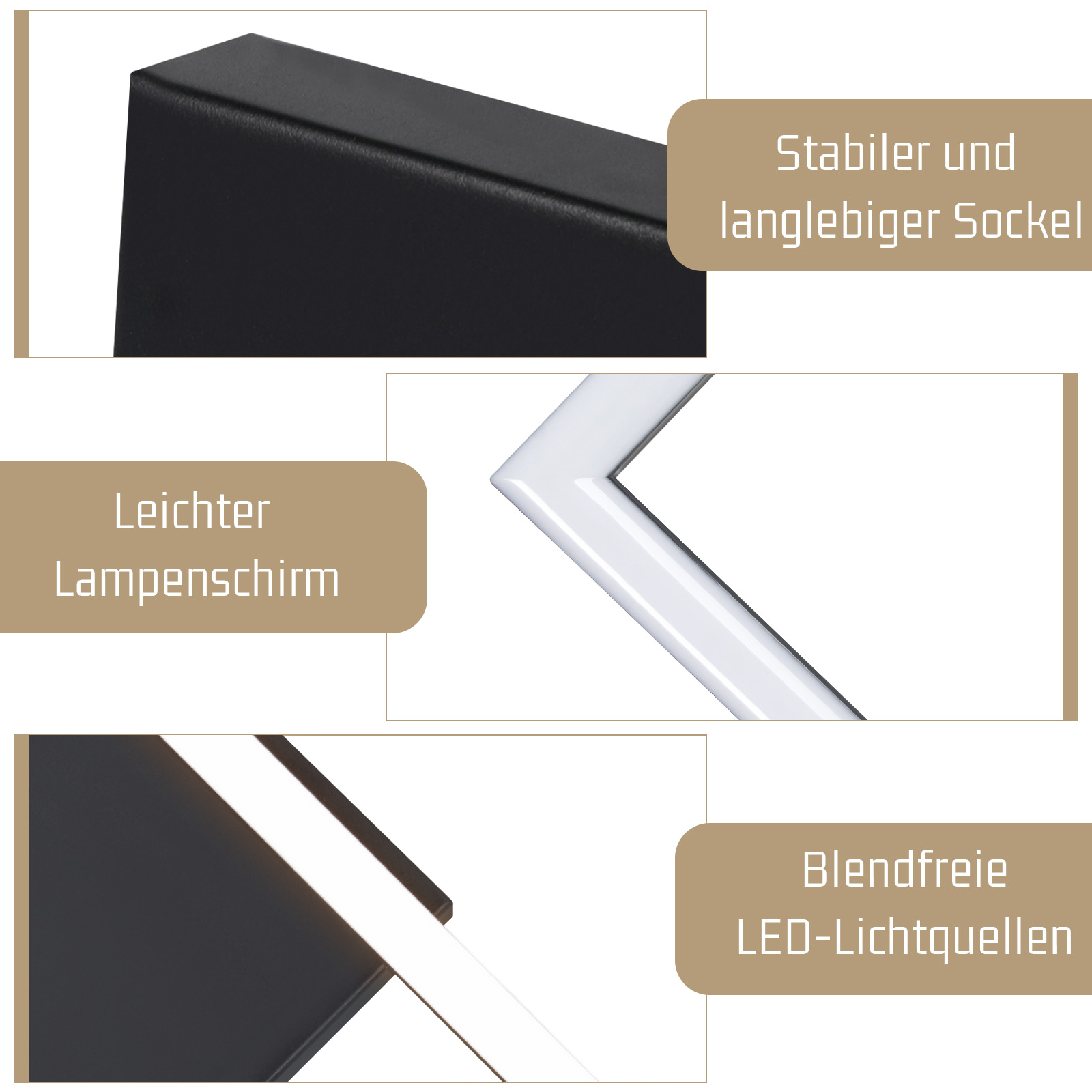 Le immagini mostrano parti bianche e nere di un design di lampada.