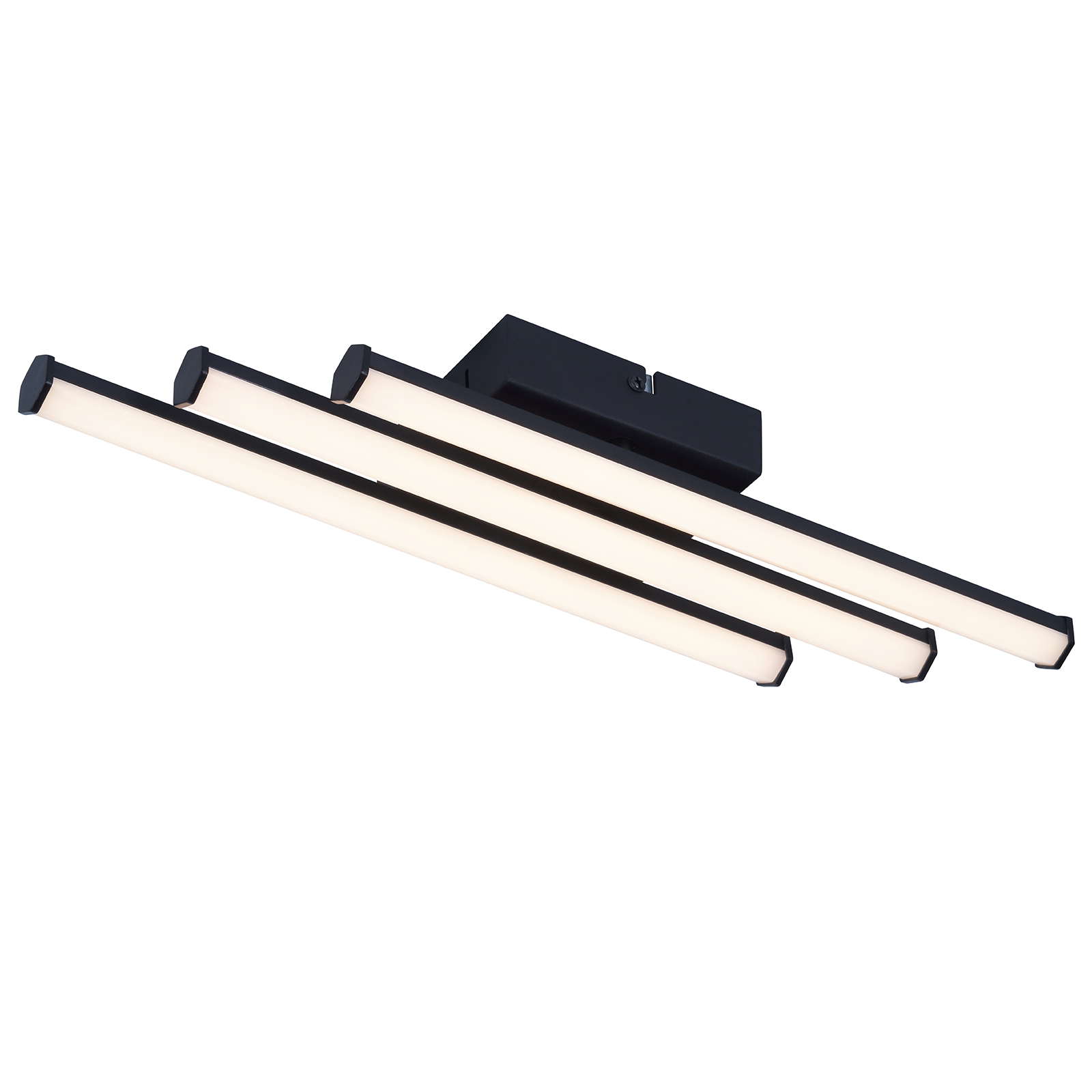 Una lampada da soffitto nera con quattro lunghe barre luminose rettangolari.