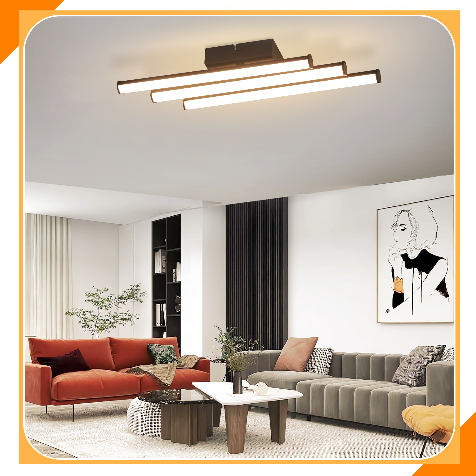 Un soggiorno moderno con divano rosso, divano grigio e lampada da soffitto.