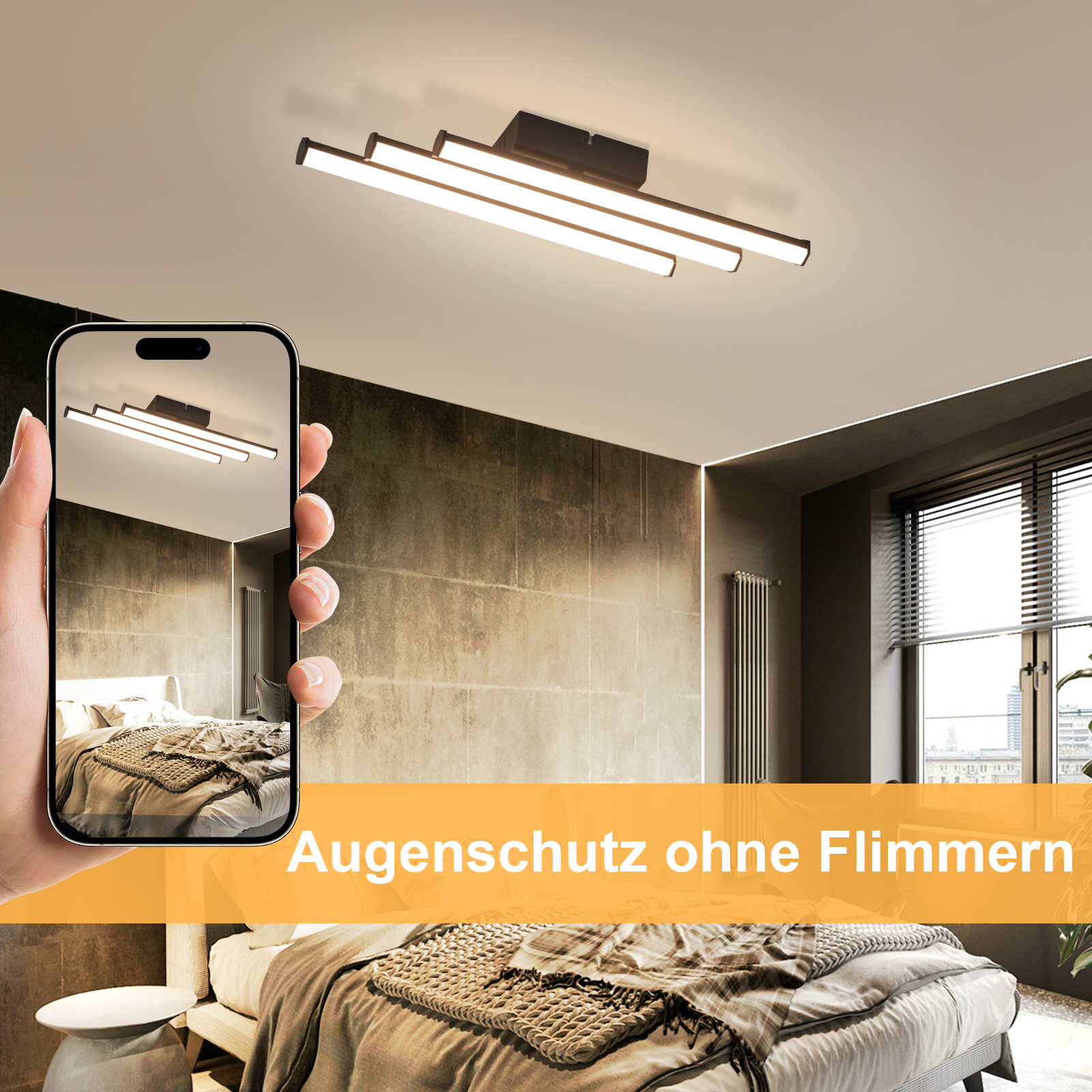 Uno smartphone mostra un lampadario moderno sopra un letto in una camera da letto.