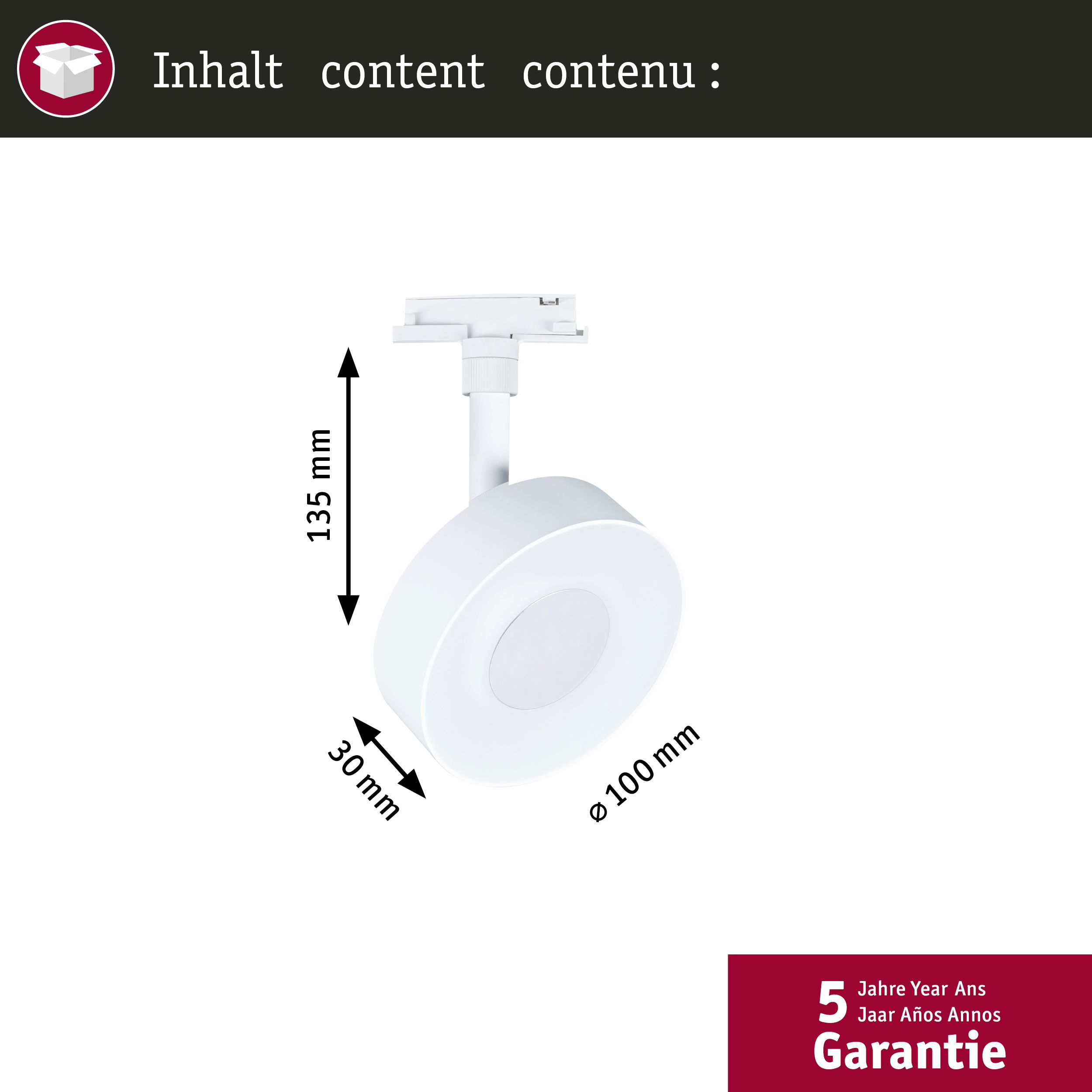 Biała lampa z wymiarami: wysokość 135mm, grubość 30mm, średnica 100mm.