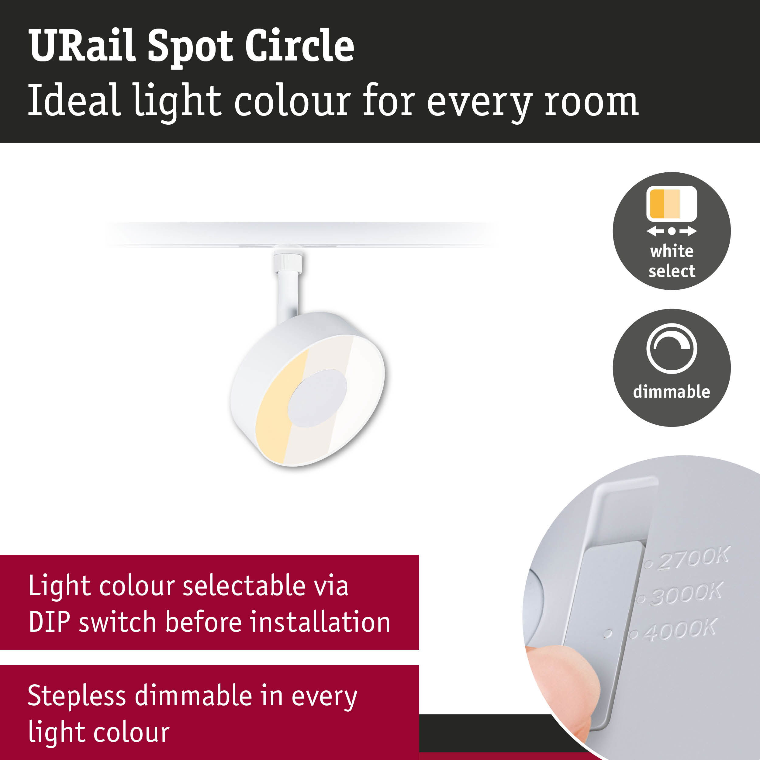 Biały spot z wybieranym kolorem światła i funkcją ściemniania.