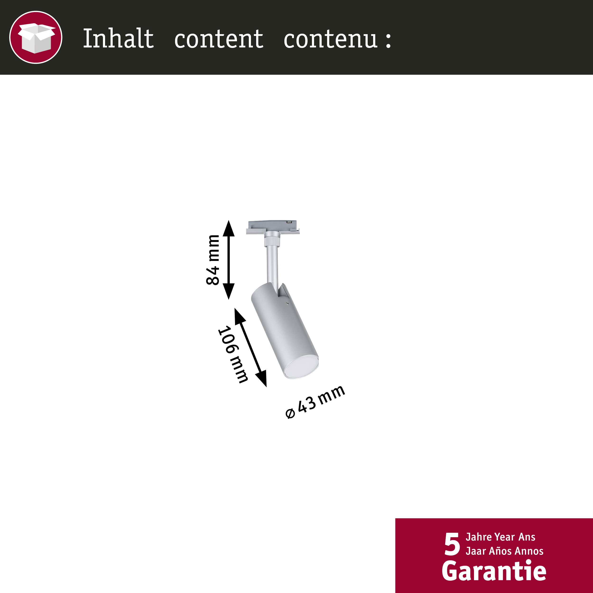 Srebrny reflektor z wymiarami: 84mm, 106mm, Ø43mm. Gwarancja 5 lat.