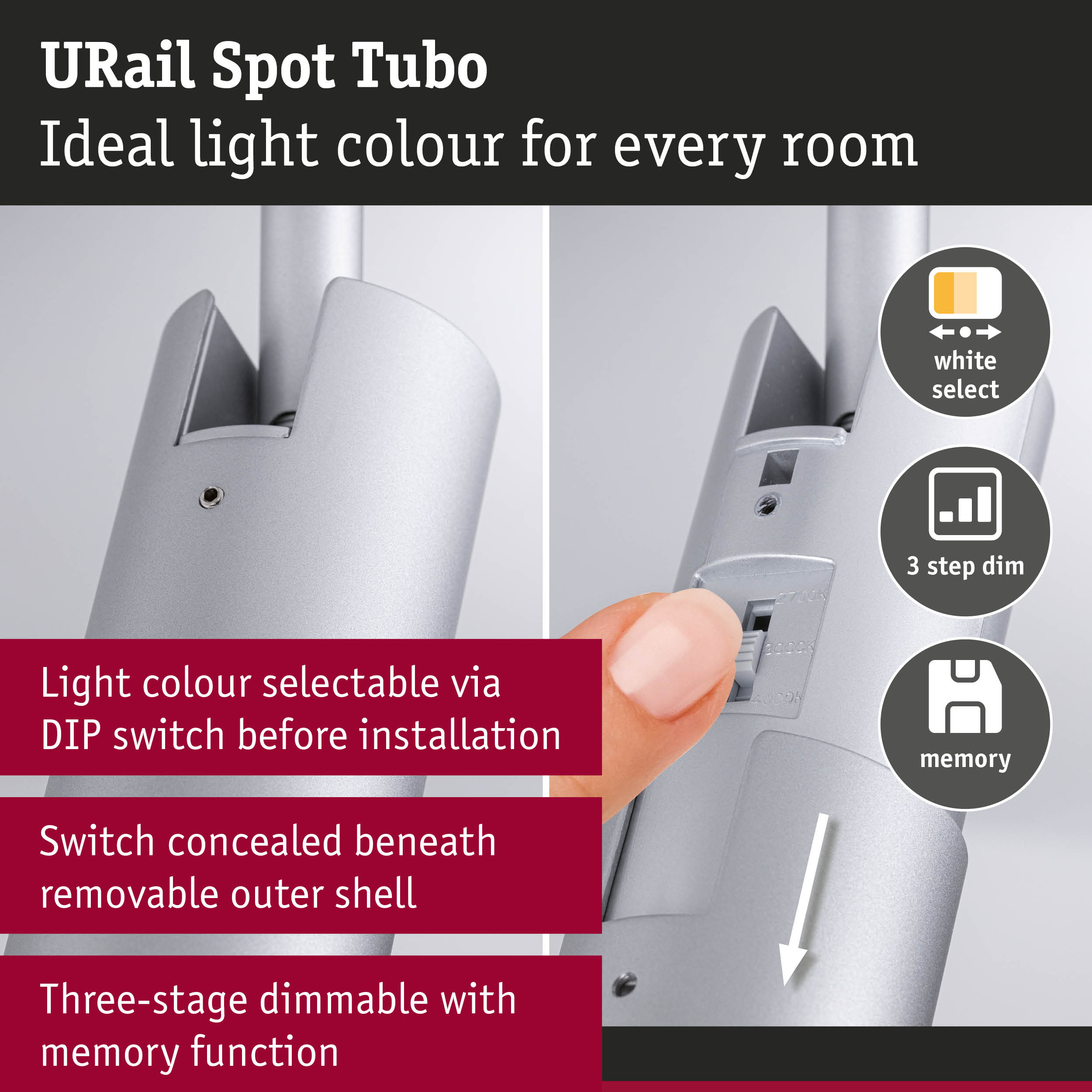 Srebrna lampa z funkcją ściemniania i wyboru bieli.