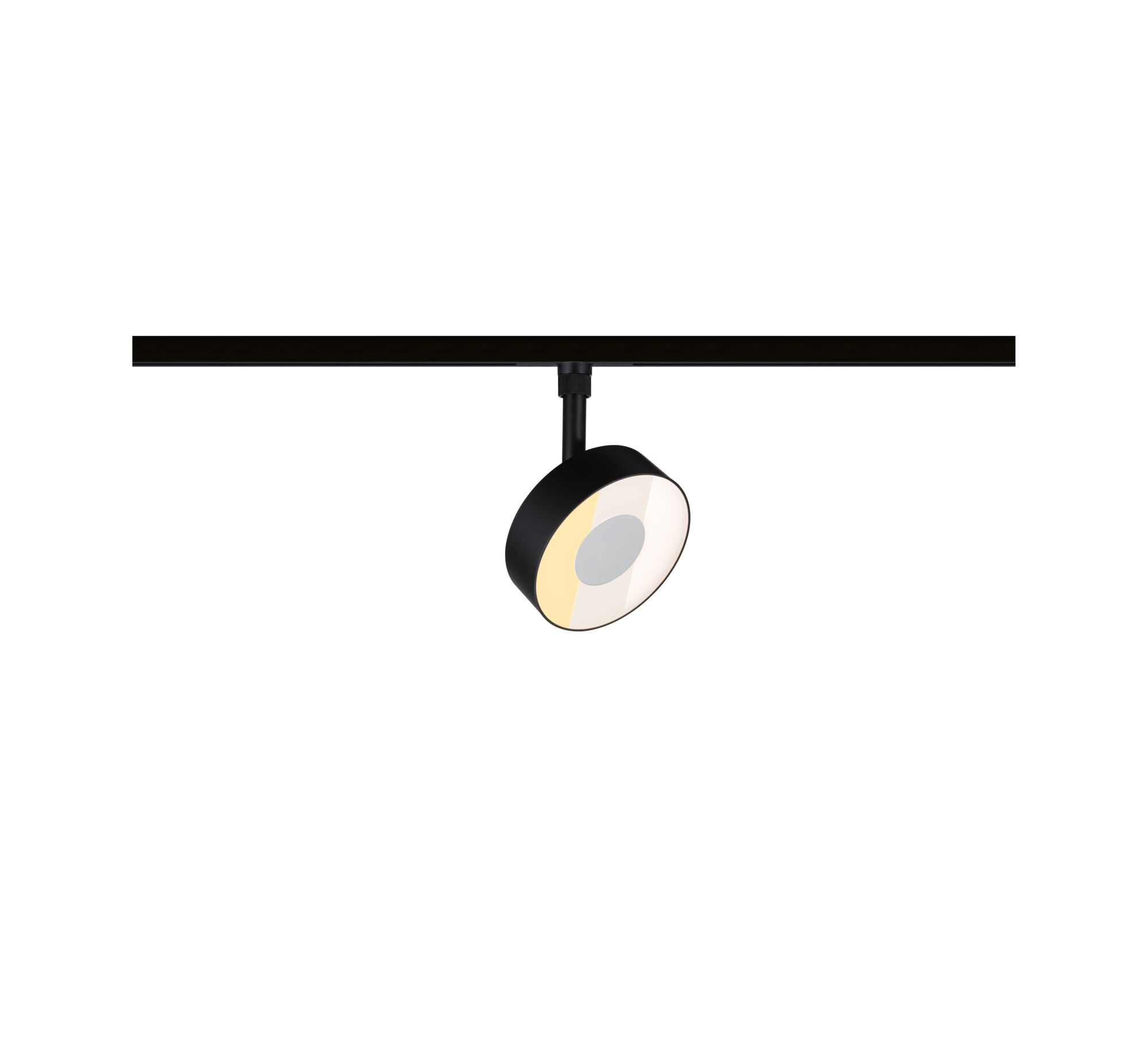 Czarny reflektor sufitowy z okrągłym kloszem wisi na czarnej szynie.