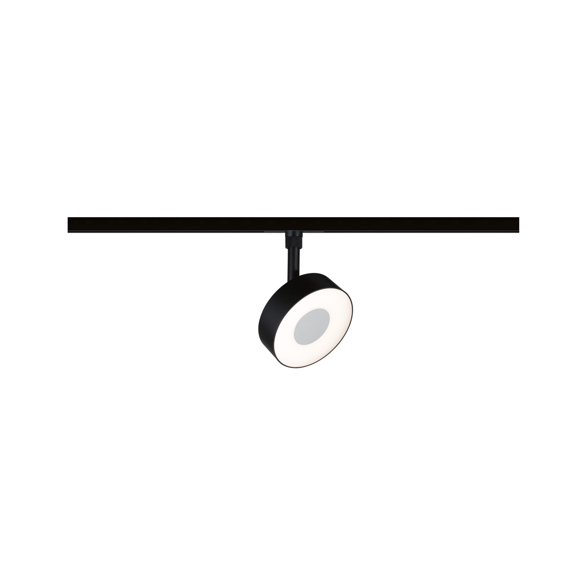 Czarny reflektor szynowy z okrągłą, podświetlaną głowicą wisi na czarnej szynie.
