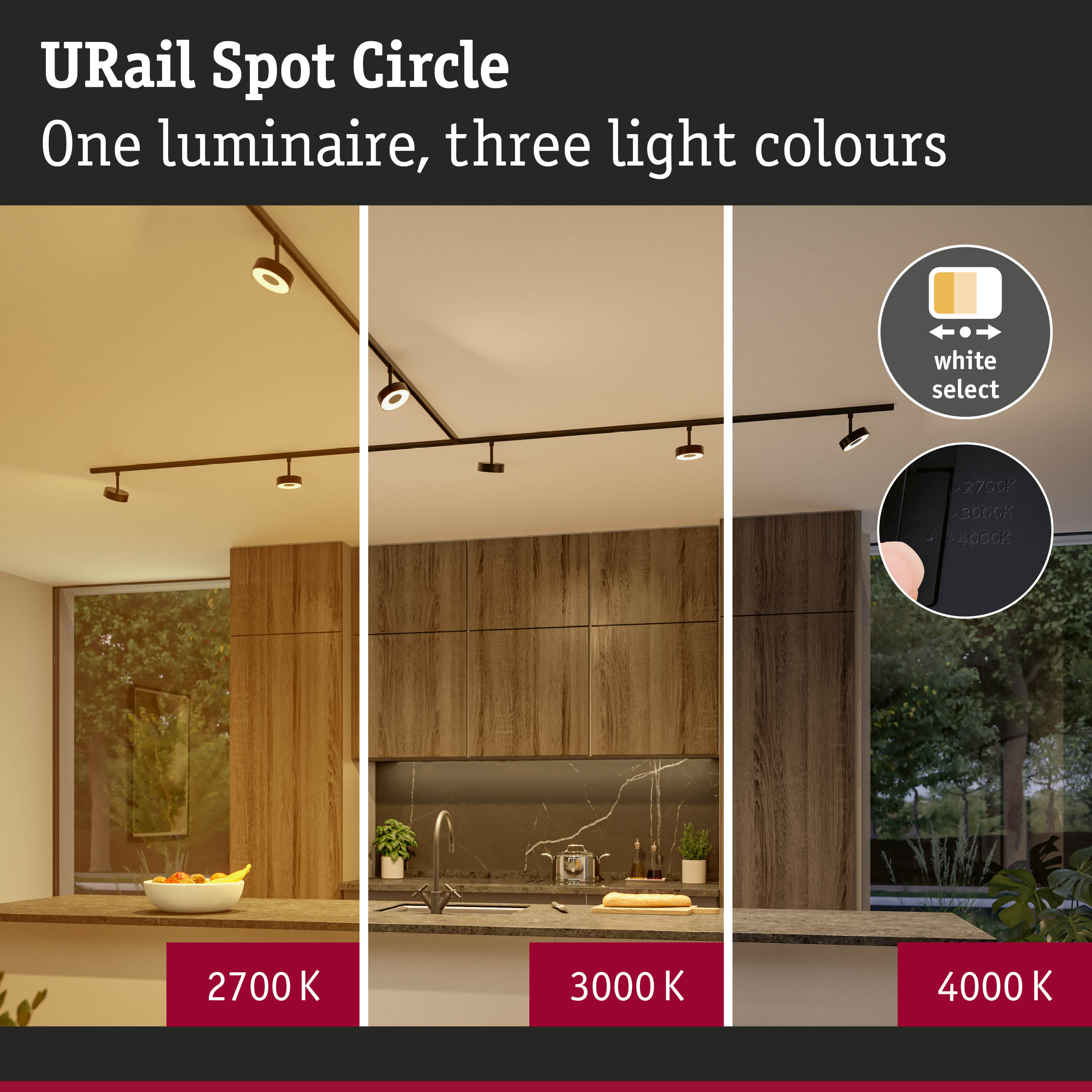URail Spot Circle: jeden opraw, trzy barwy światła (2700K, 3000K, 4000K).