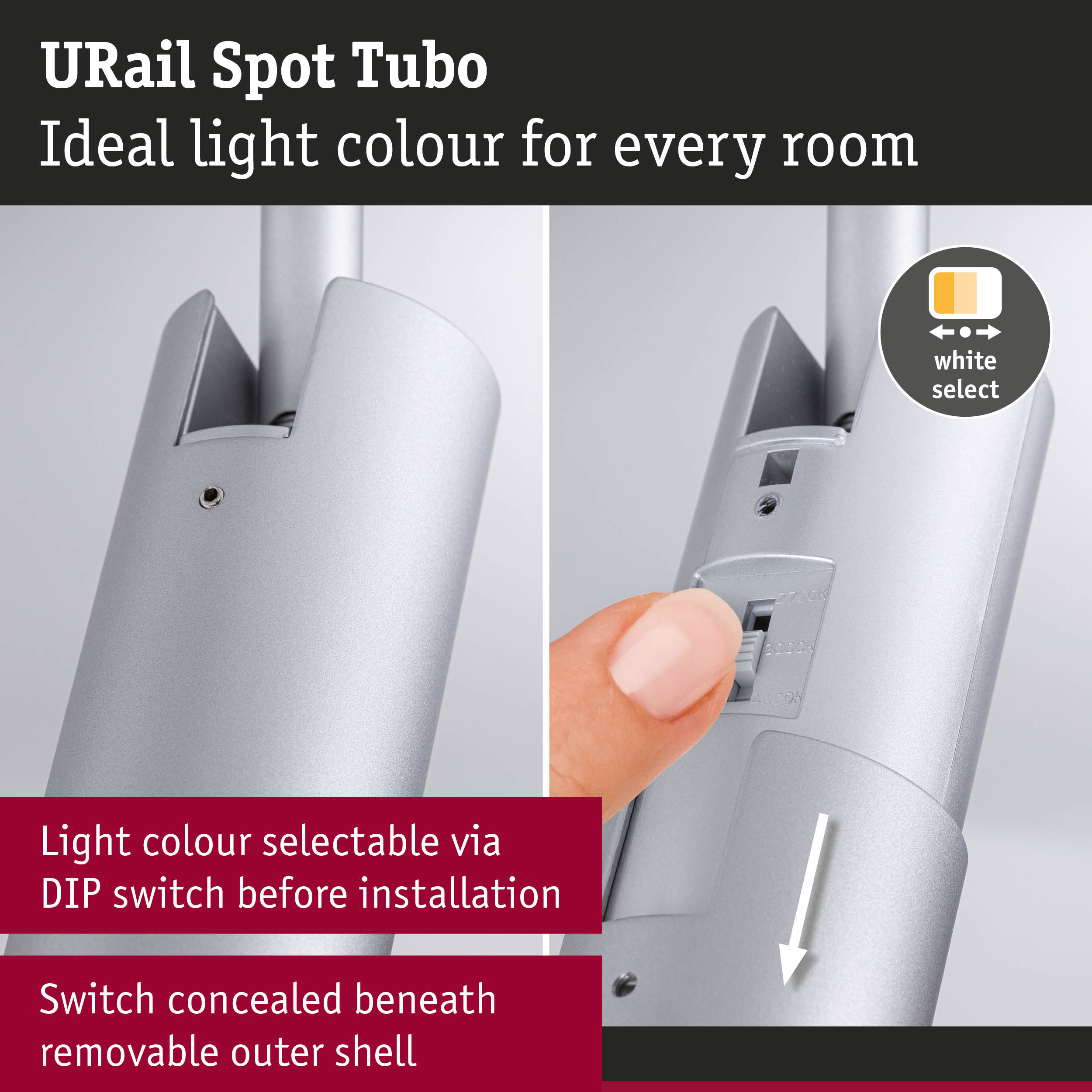 Srebrna obudowa z przełącznikiem DIP do wyboru koloru światła.