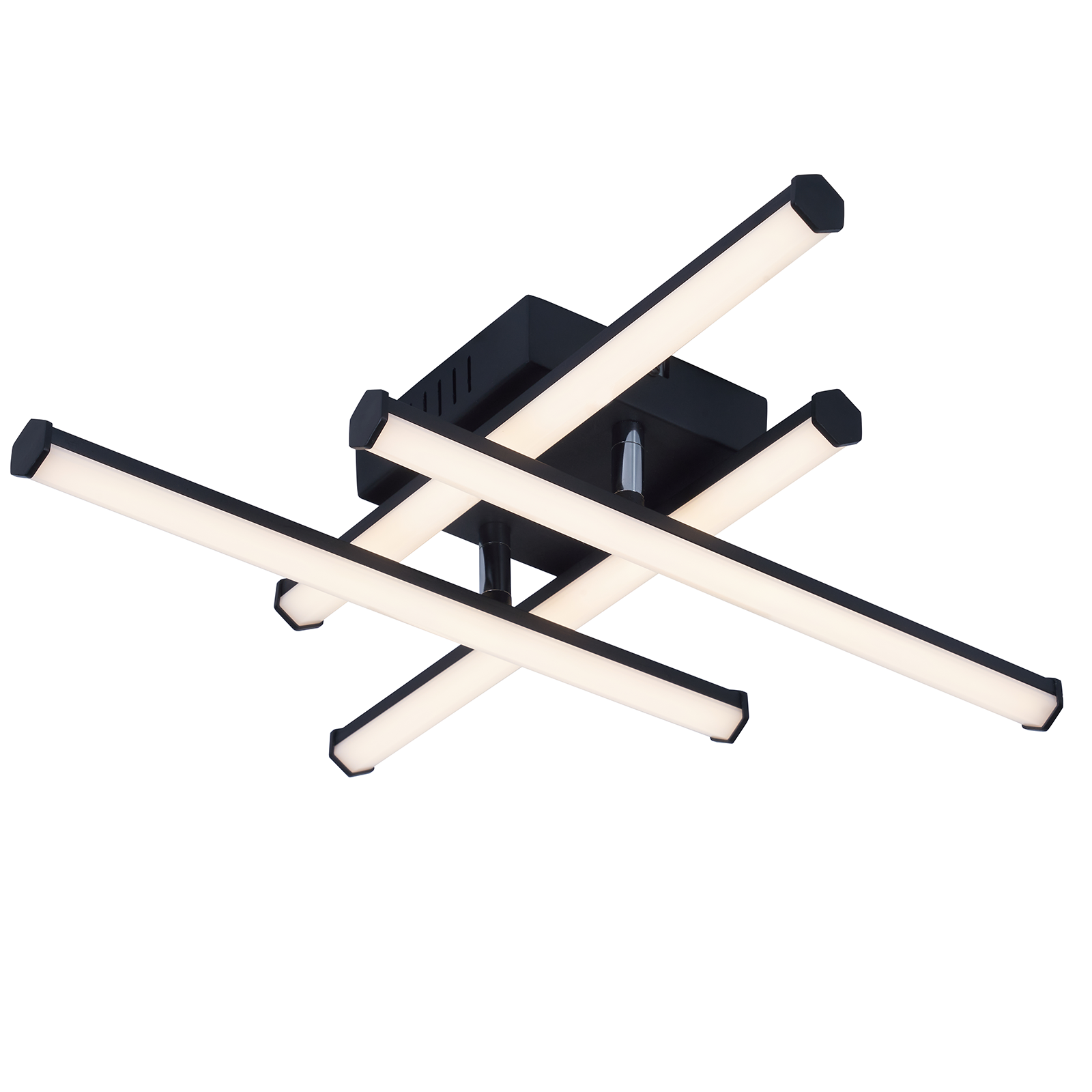Moderna lampada da soffitto nera con sei barre illuminate.