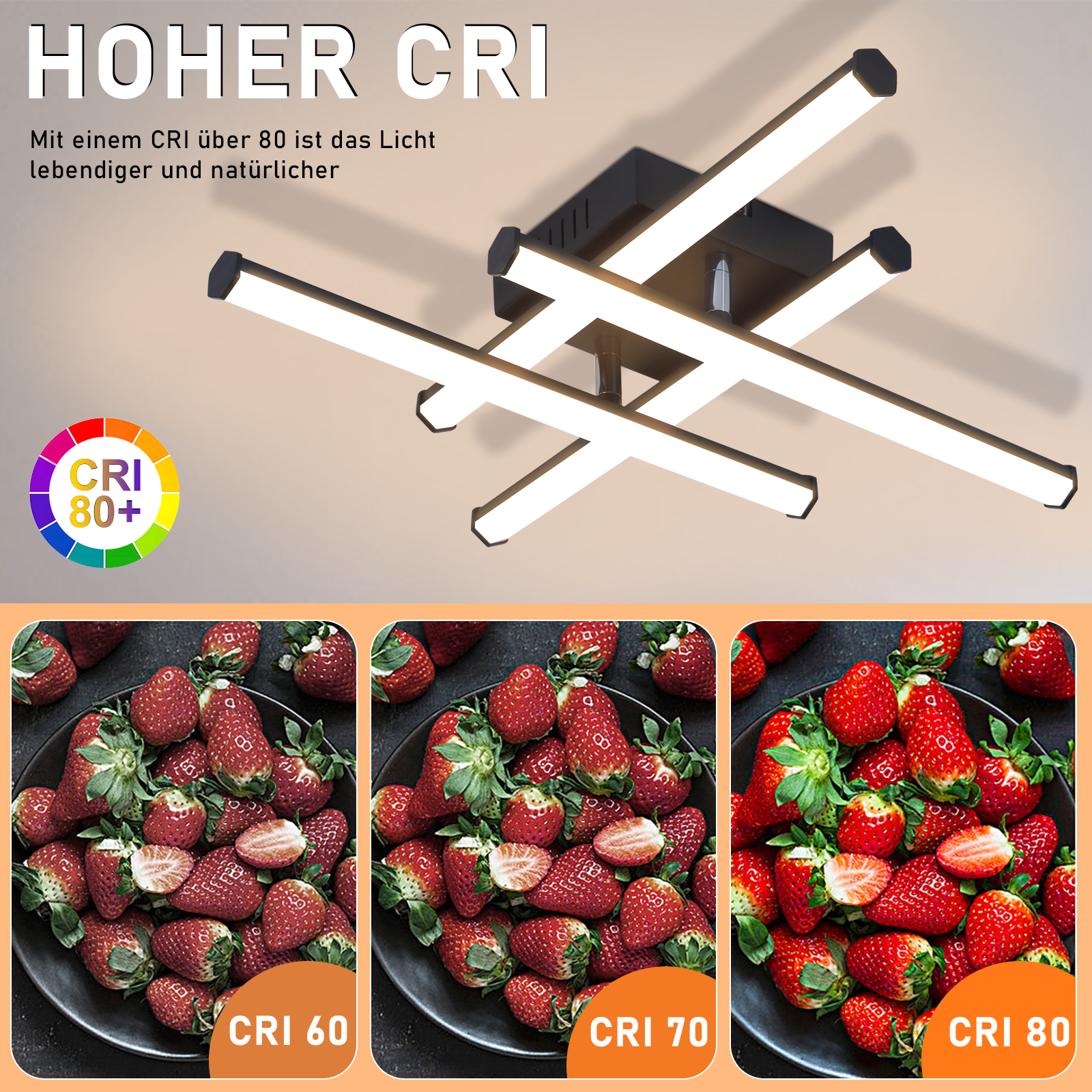 Lampada da soffitto moderna con 4 bracci e strisce LED. Sotto vengono mostrate fragole.