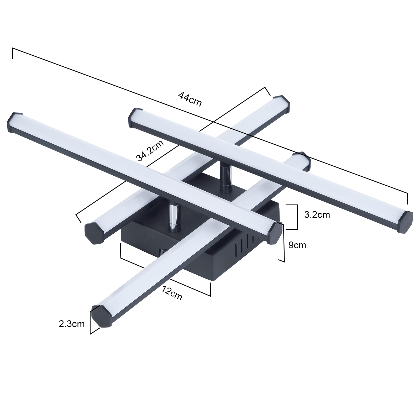 Una moderna lampada da soffitto a quattro bracci con illuminazione a LED.
