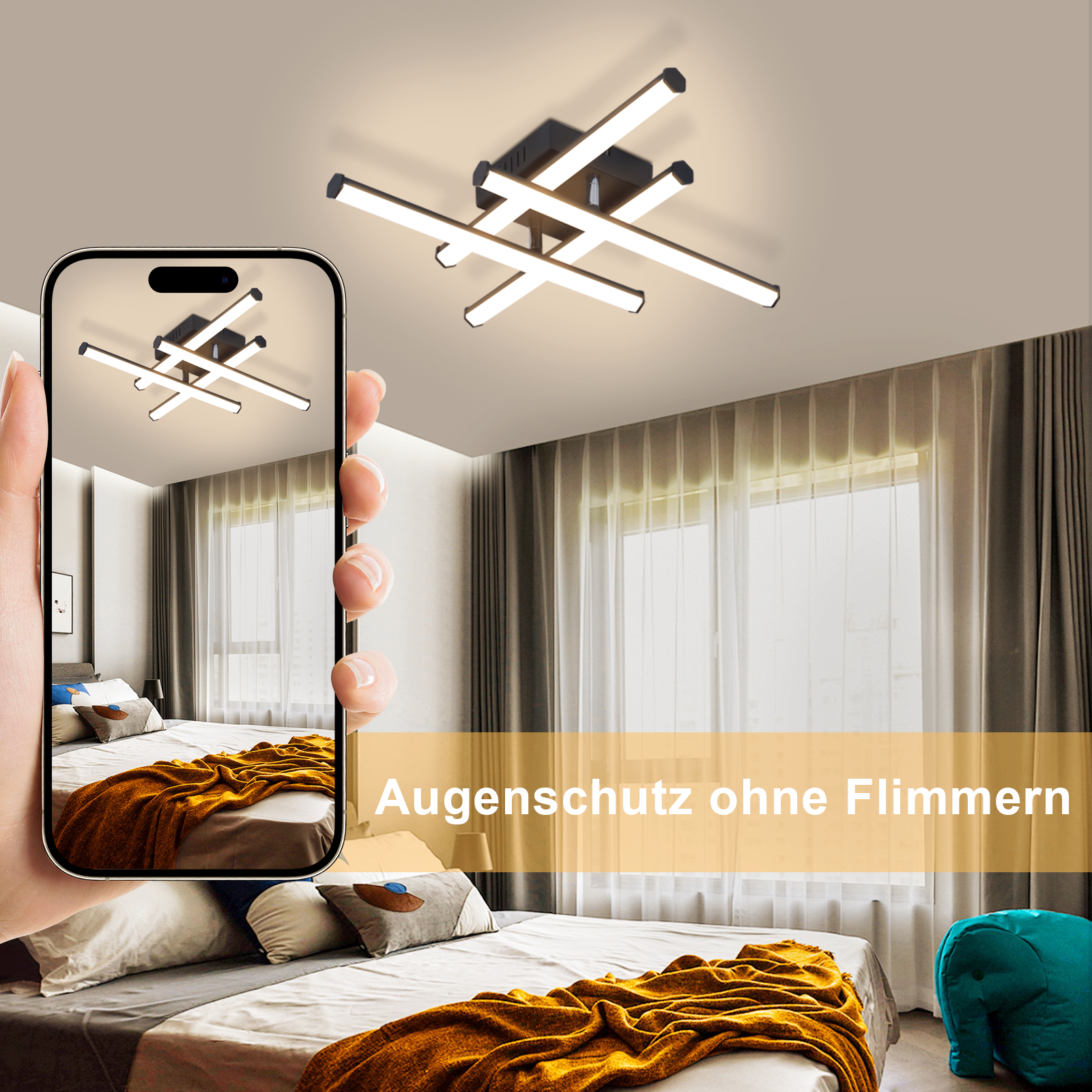 Uno smartphone mostra una lampada da soffitto sopra un letto. Testo: Protezione occhi senza sfarfallio.