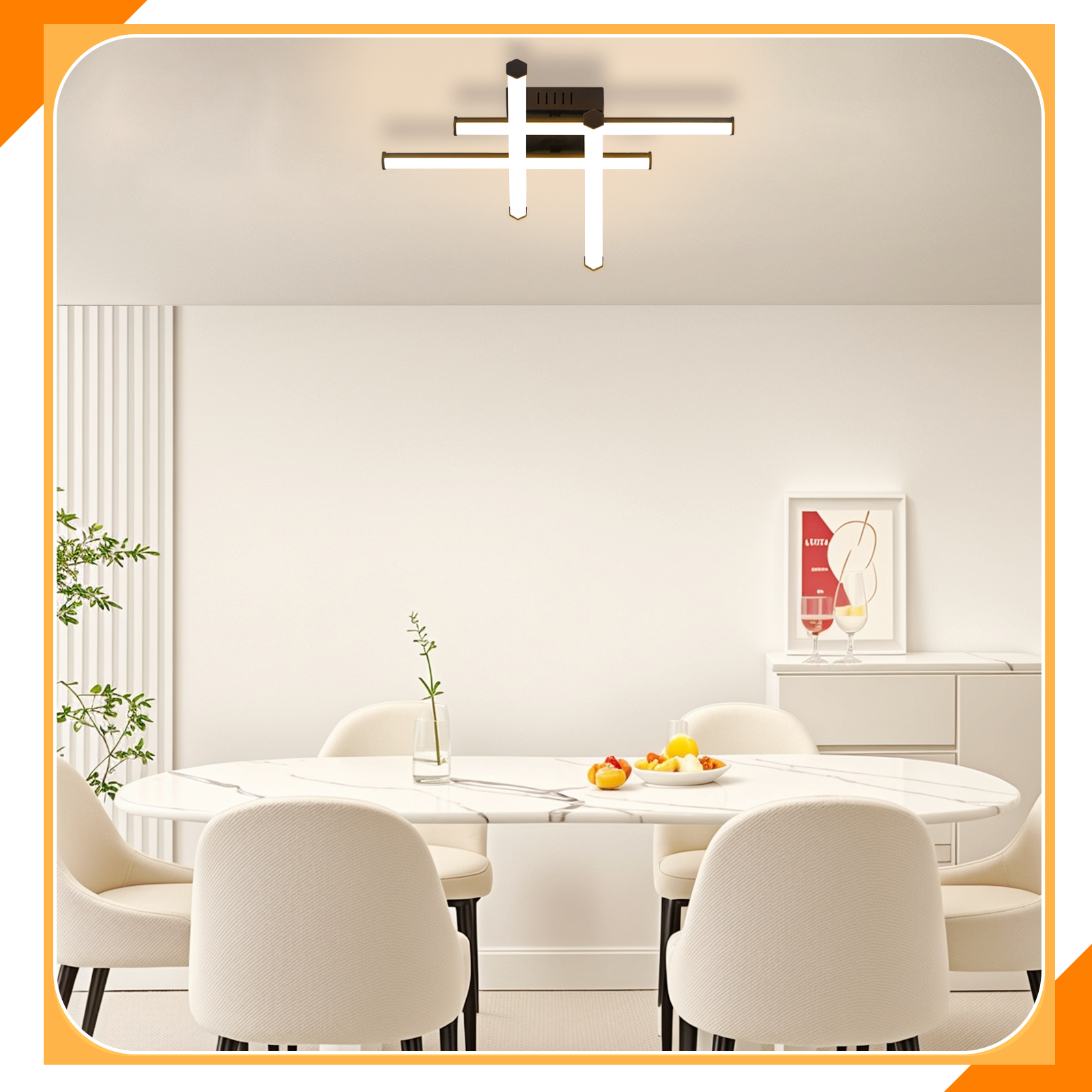 Sala da pranzo moderna con tavolo ovale, sedie, ciotola di frutta e lampada da soffitto.