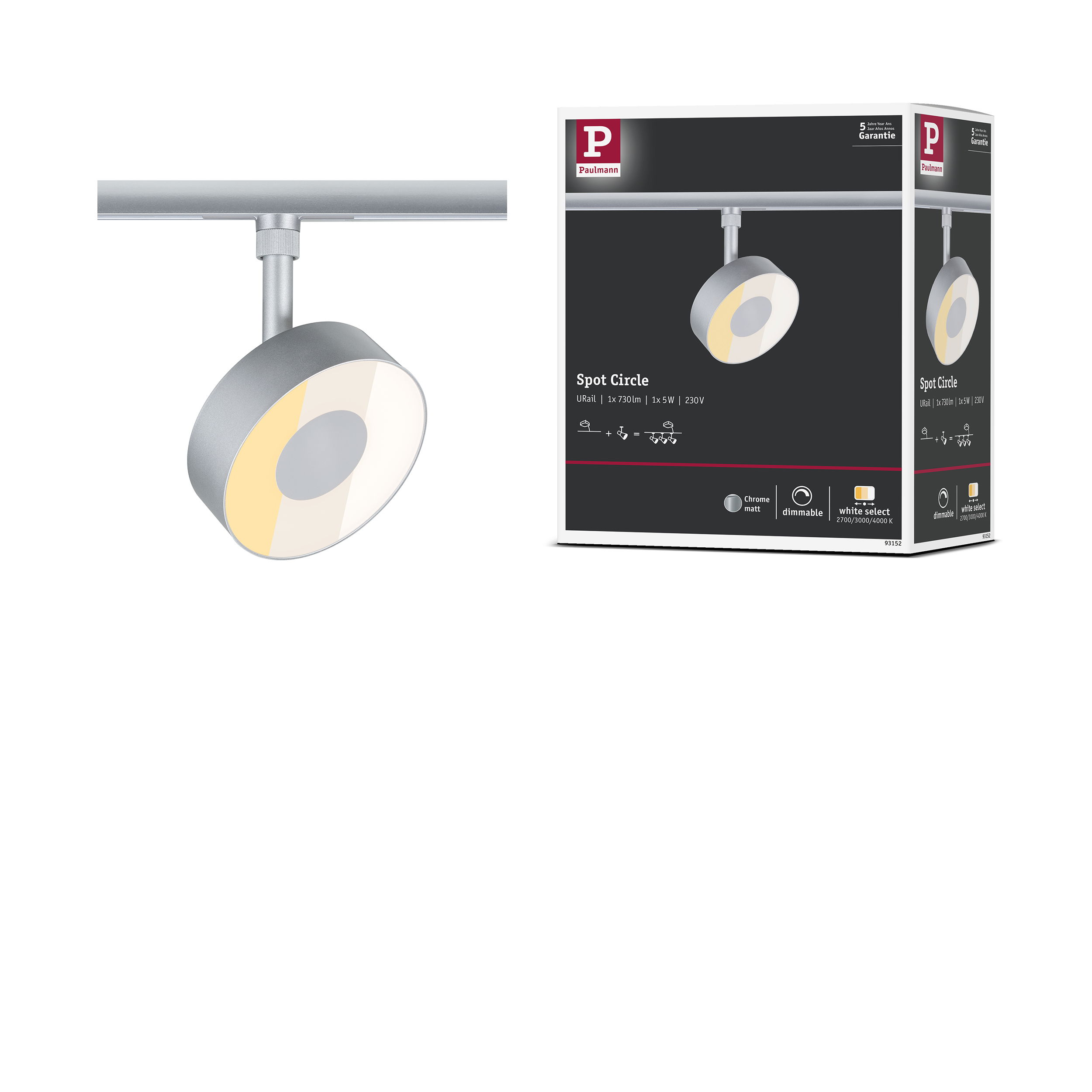 Srebrny spot z matowym chromem i białym światłem, ściemnialny.