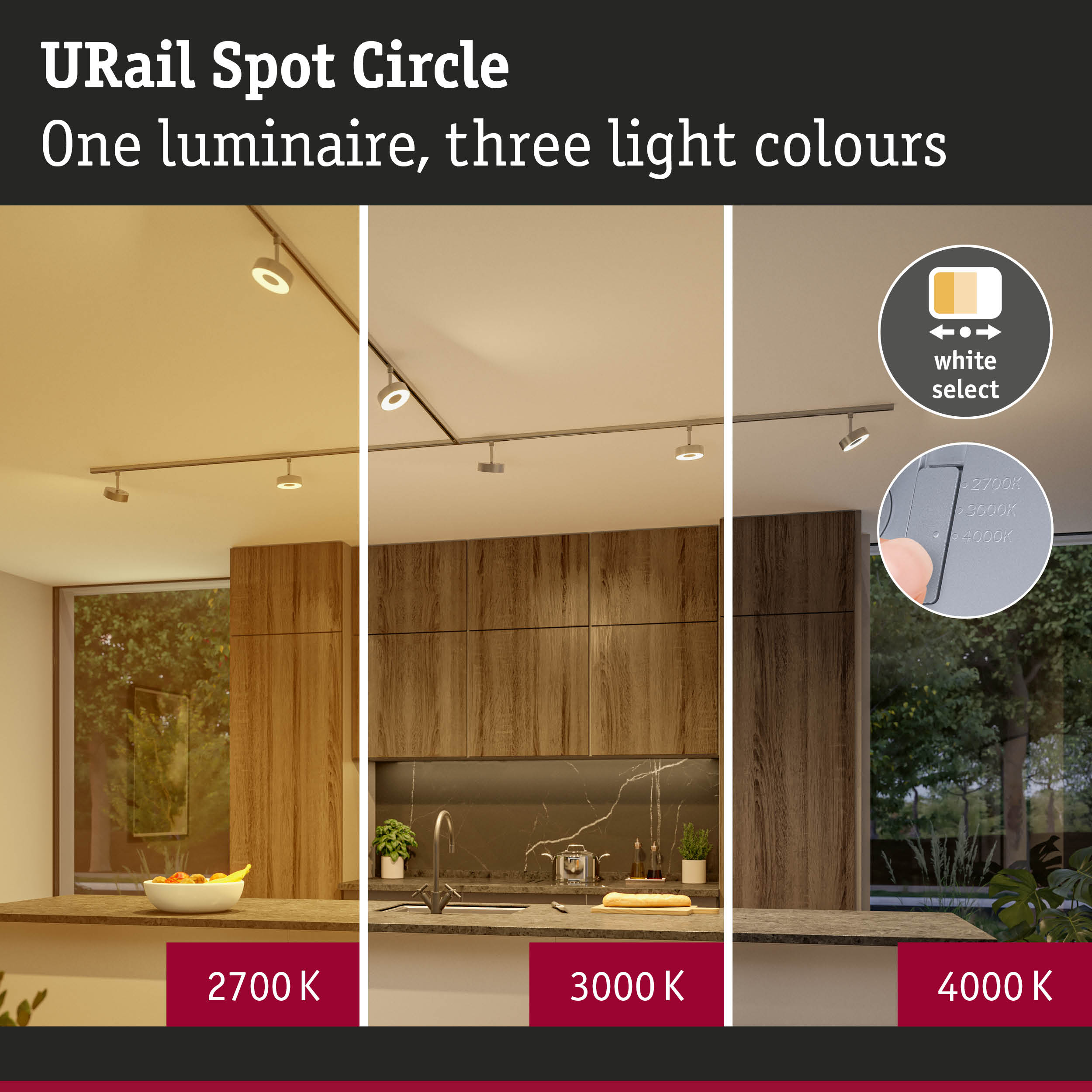 URail Spot Circle: Jedna oprawa, trzy kolory światła. 2700K, 3000K, 4000K.