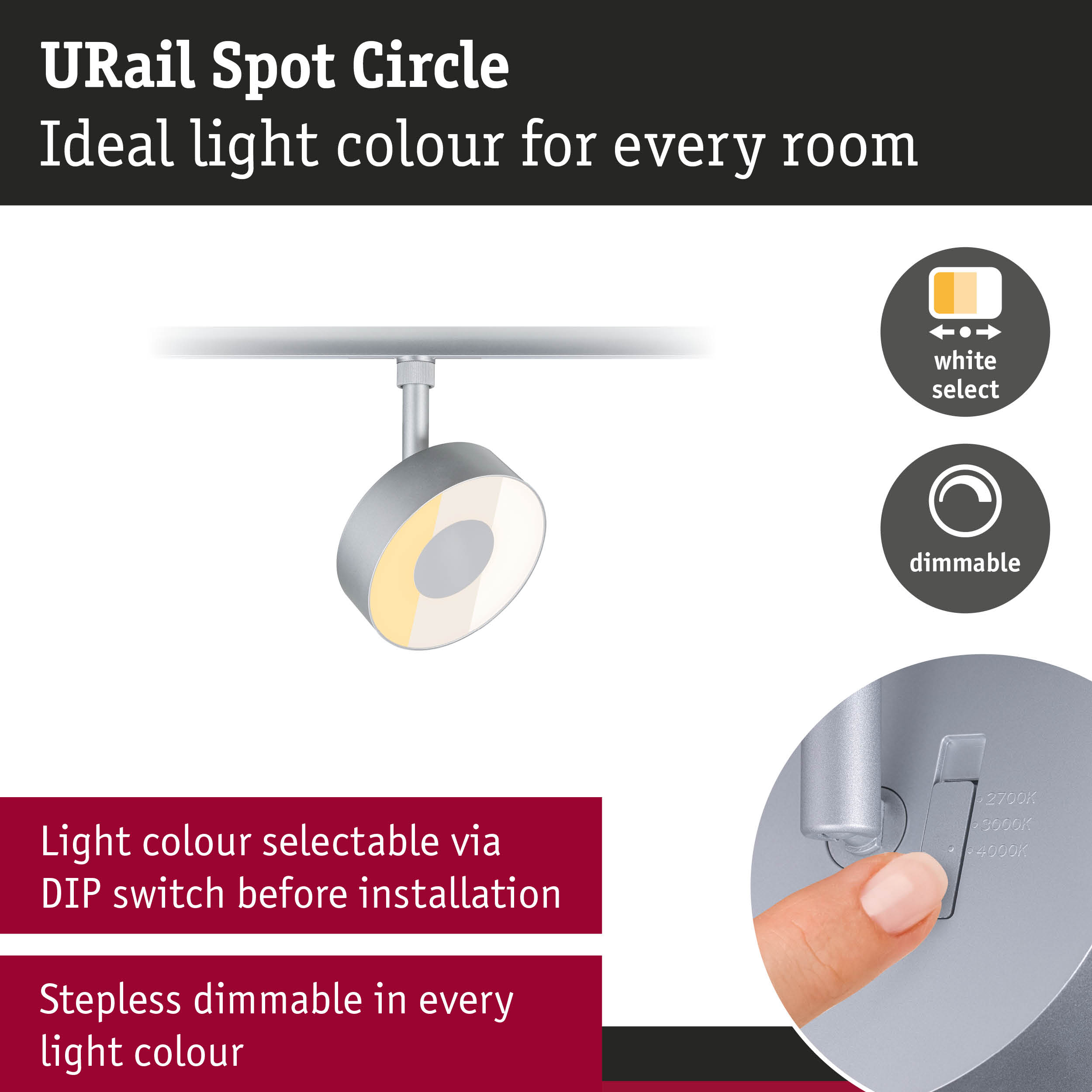 Srebrny spot szynowy z wyborem koloru białego i funkcją ściemniania.