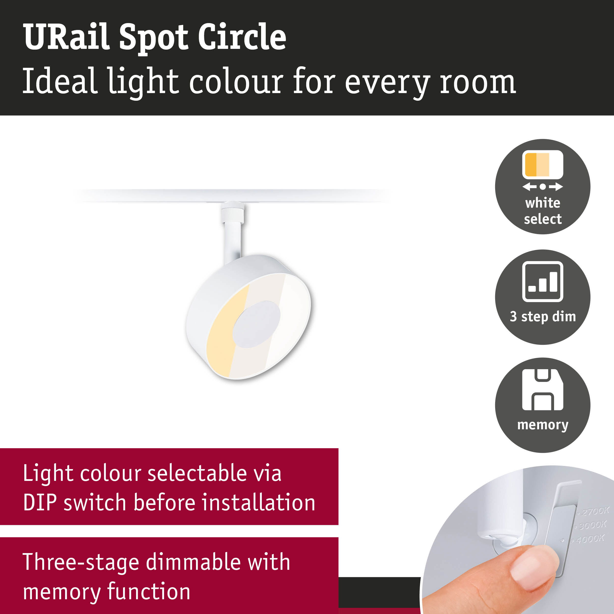 Biały spot na szynie z ikonami koloru światła, ściemniania i pamięci.