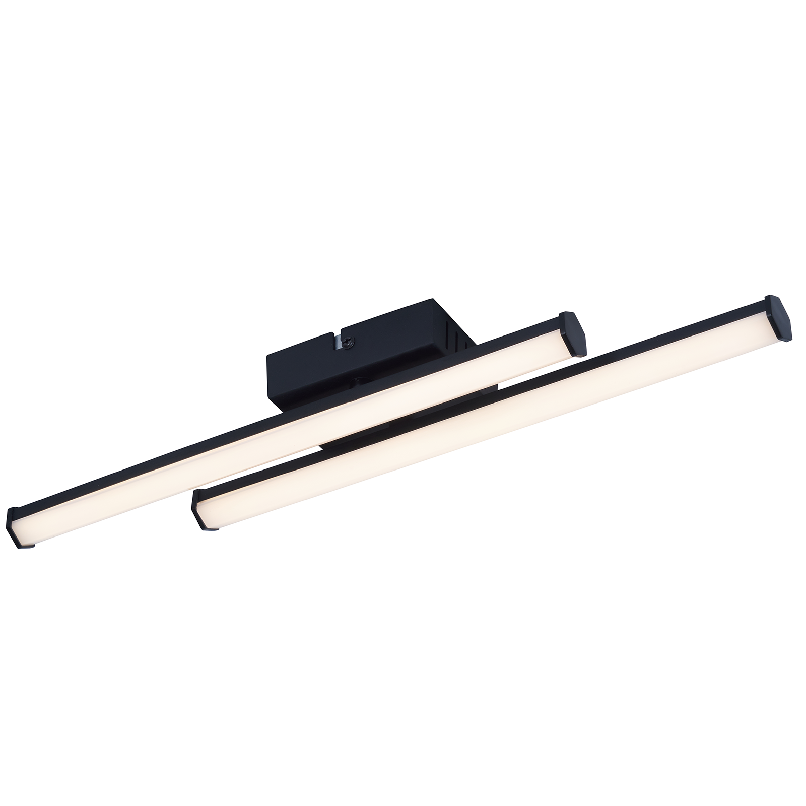 Una moderna lampada da soffitto nera con due lunghe barre luminose strette.