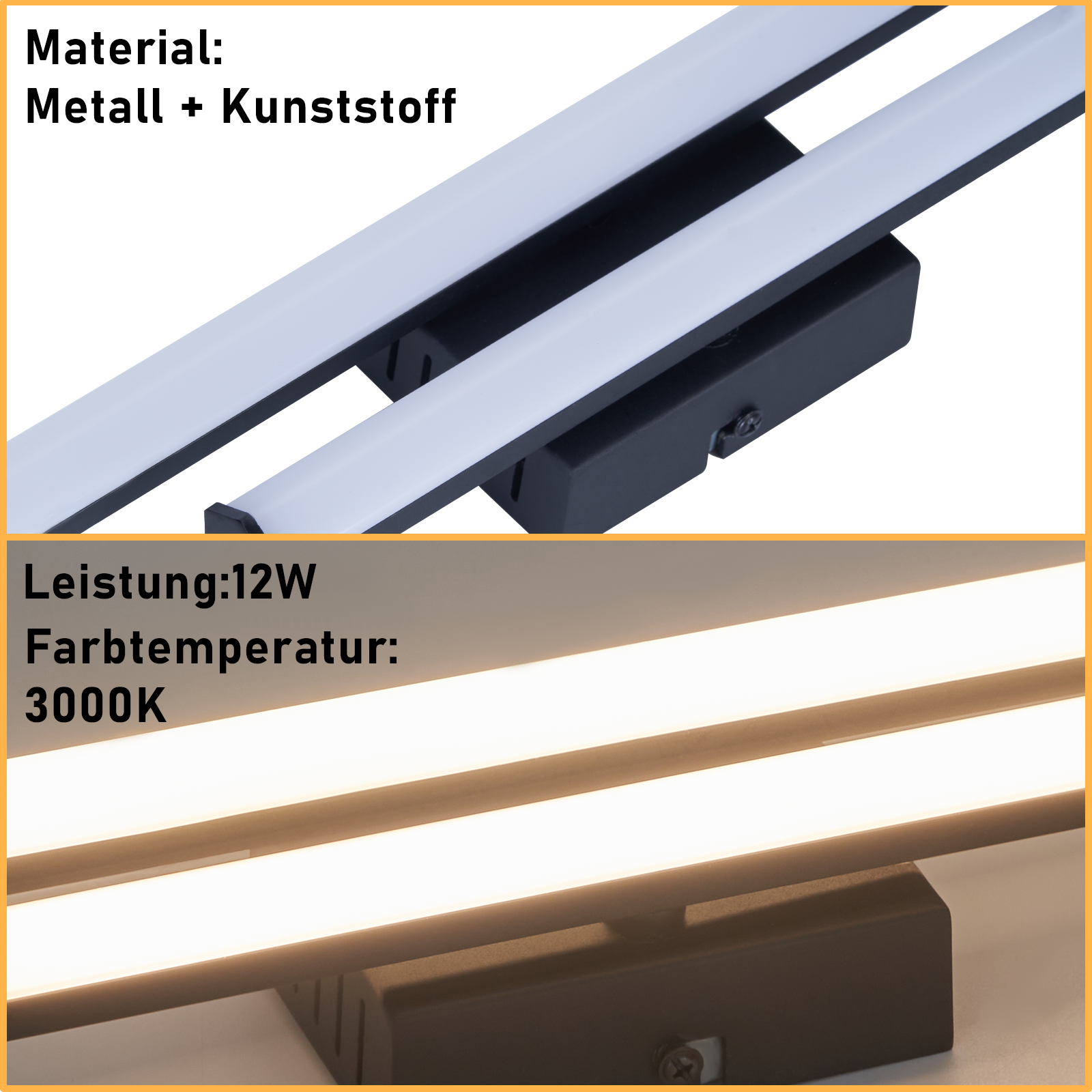 Due strisce LED bianche sopra una base nera. Materiale: Metallo, Plastica.