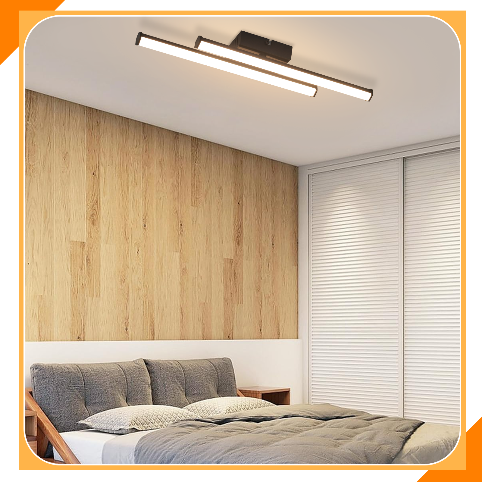 Camera da letto moderna con parete in legno, letto e lampada da soffitto.