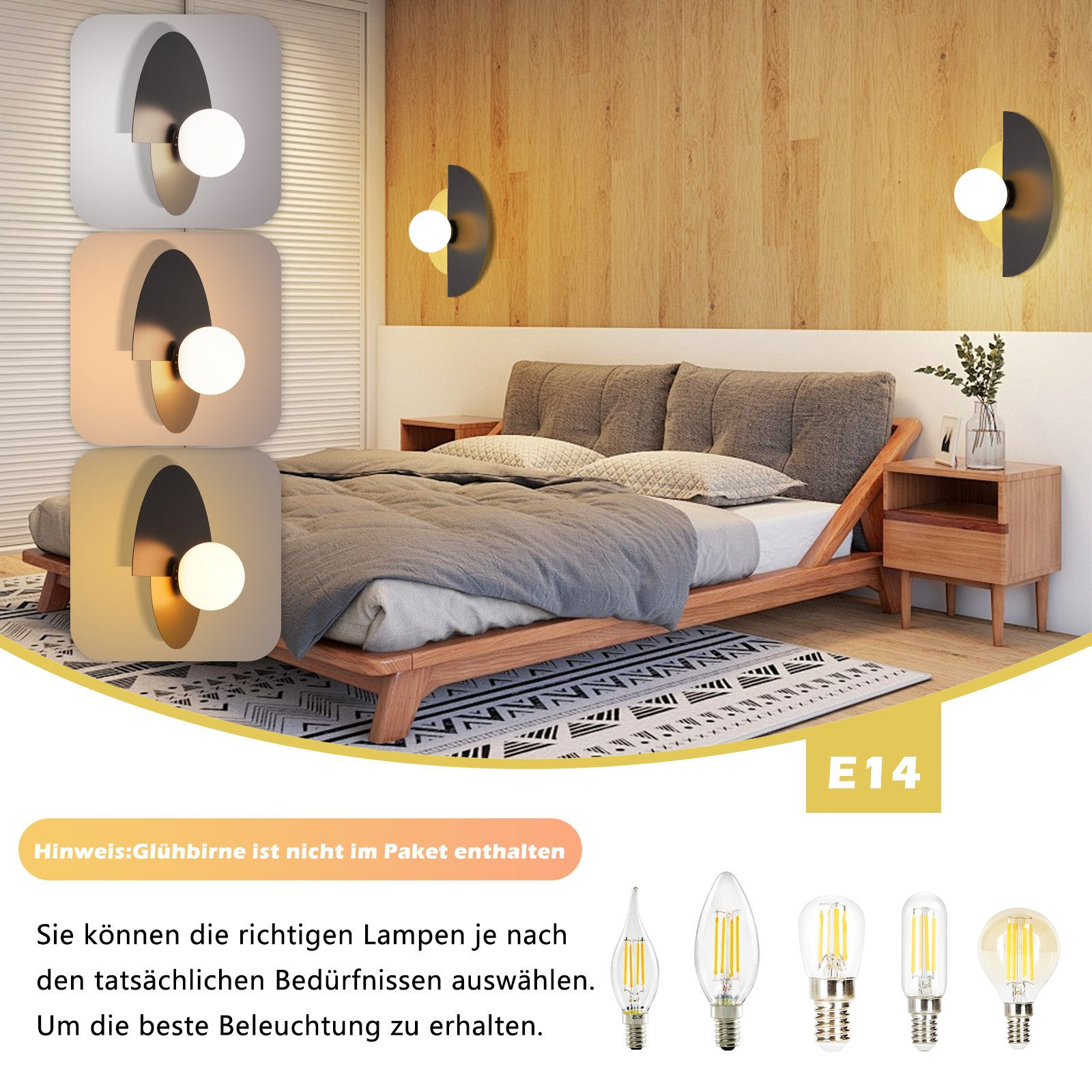 Una camera da letto con parete in legno, letto e applique. Lampadine vendute a parte.