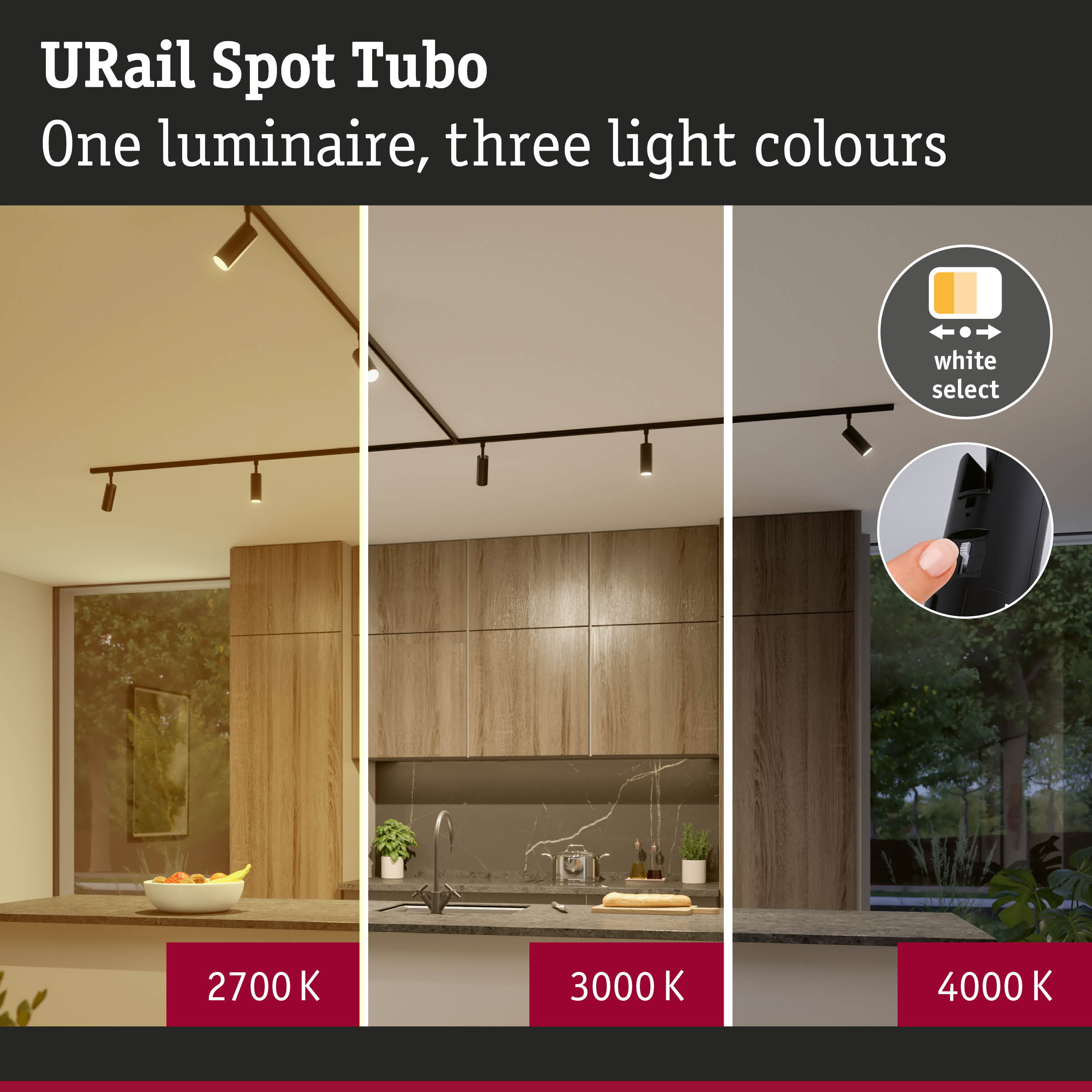 URail Spot Tubo pokazuje trzy kolory światła: 2700K, 3000K, 4000K.