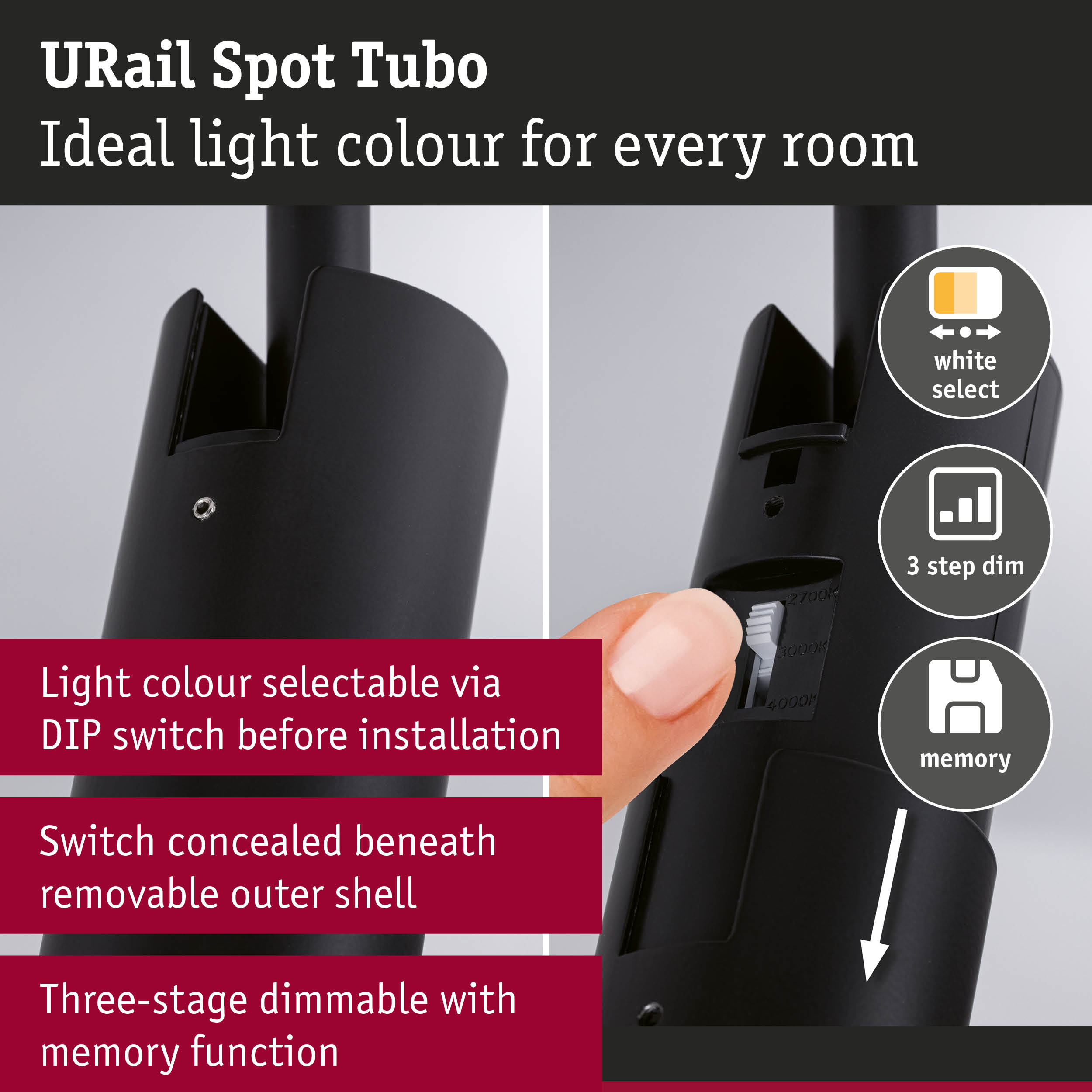 Czarny spot lampy z przełącznikiem DIP i funkcją pamięci.