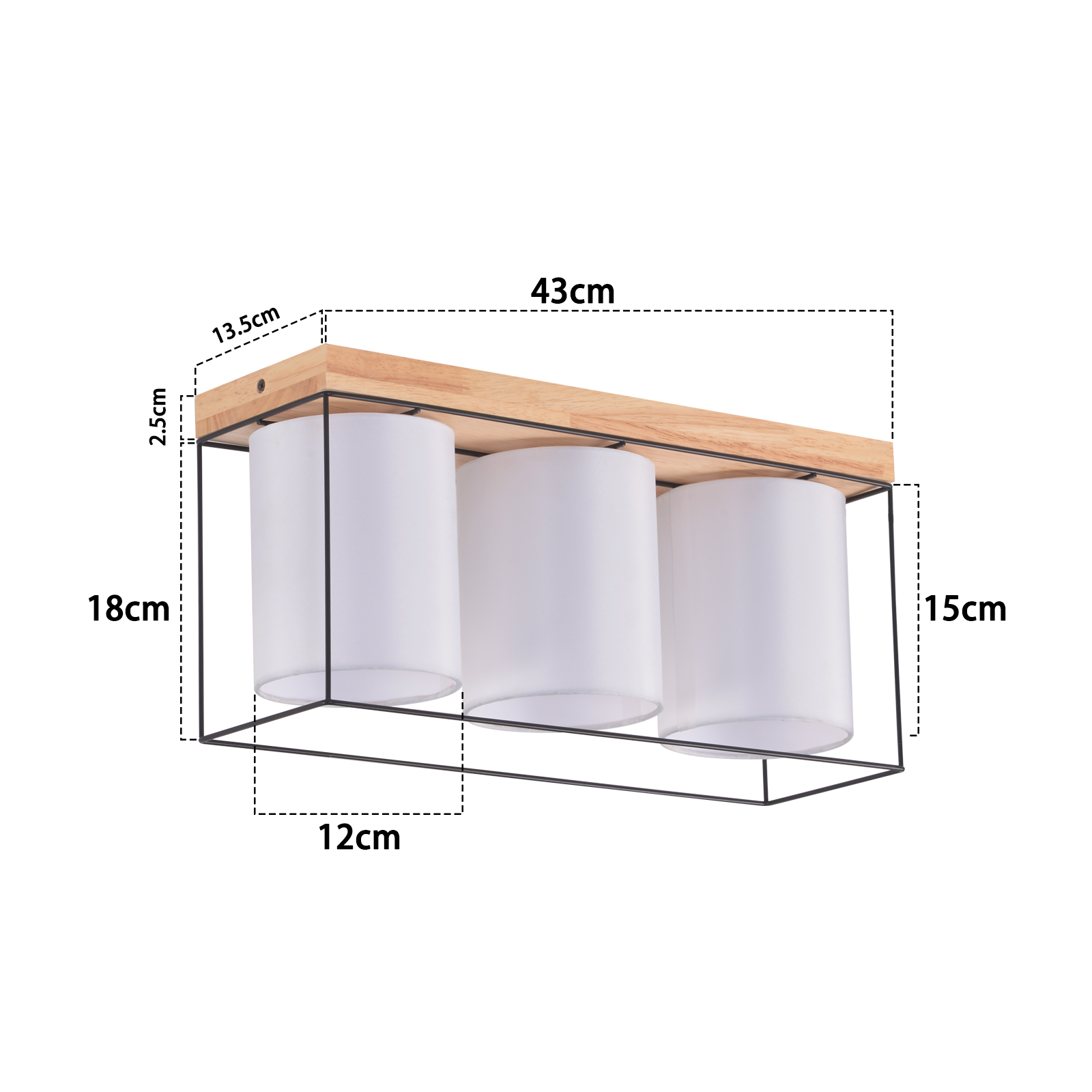 Lampada da soffitto con cornice in legno, gabbia in metallo nero e tre paralumi cilindrici bianchi.
