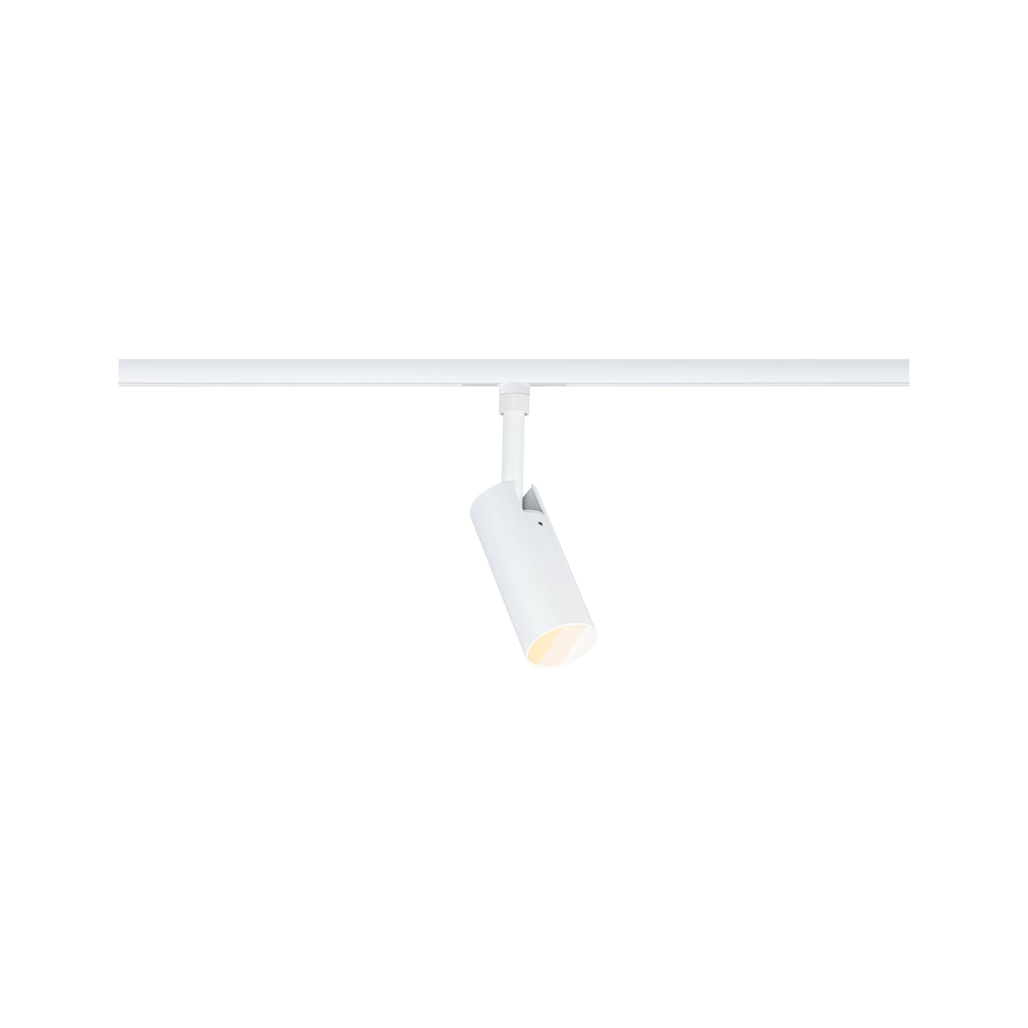 Biały cylindryczny reflektor jest zamocowany do białej szyny.