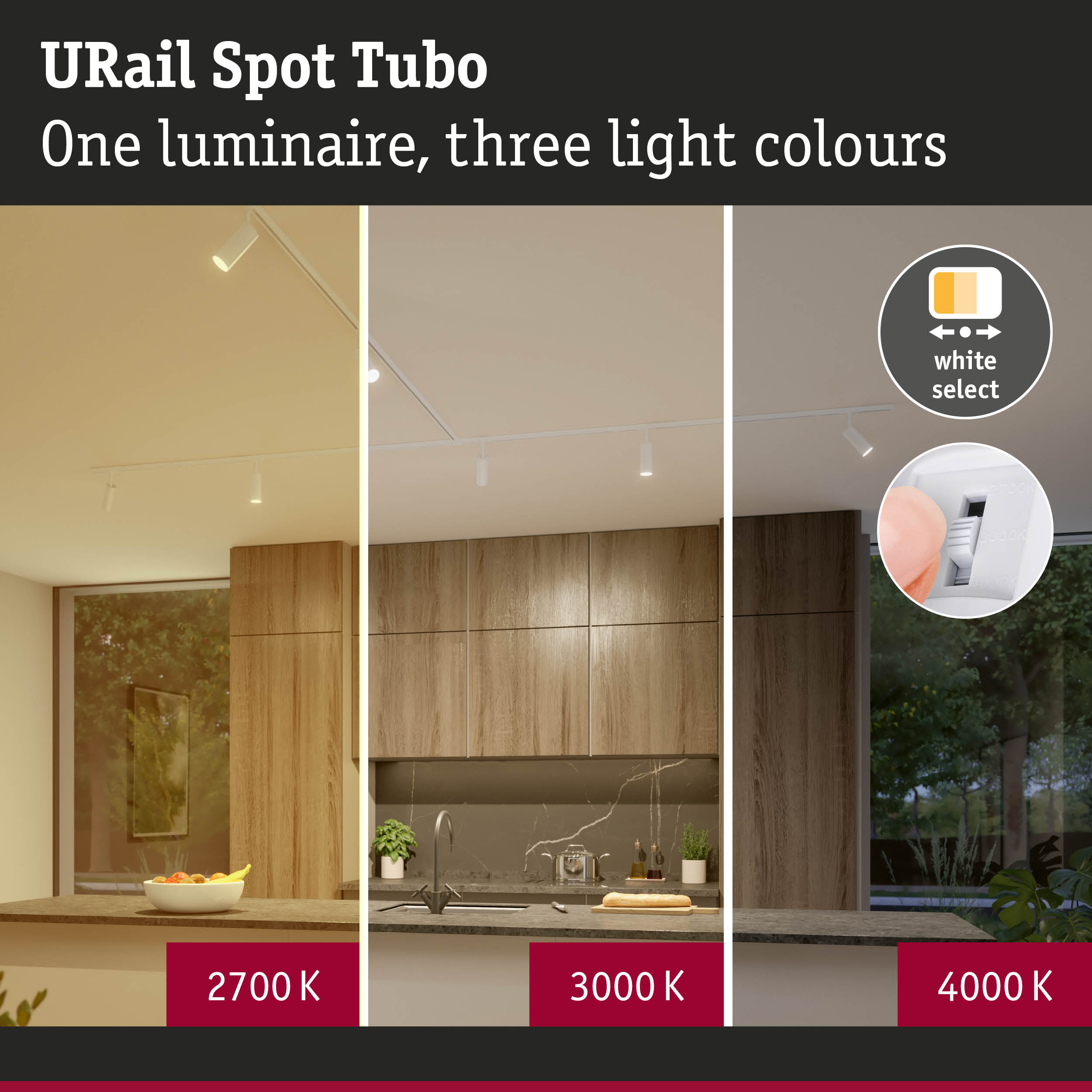URail Spot Tubo pokazuje trzy kolory światła: 2700K, 3000K, 4000K.