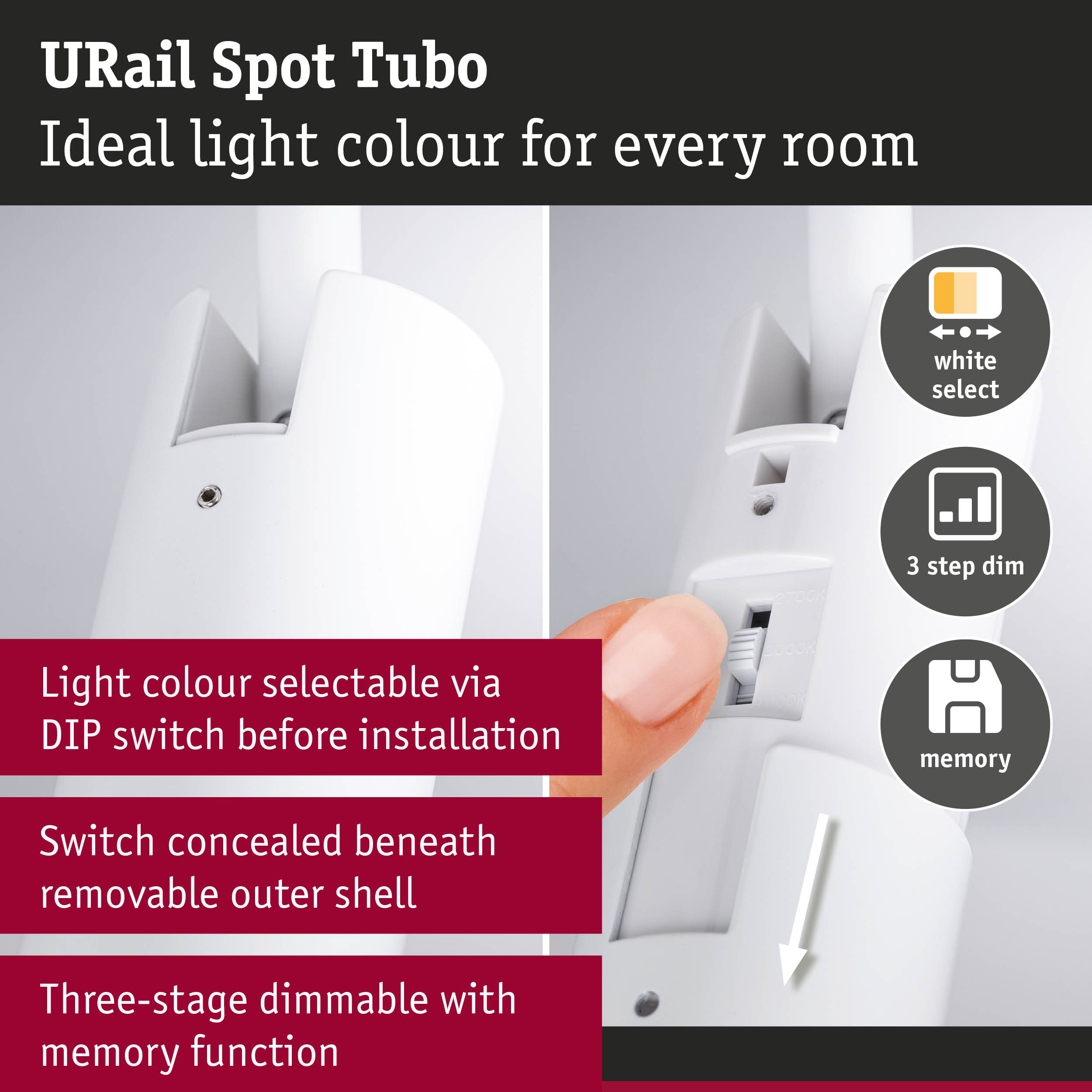 Zbliżenie białego produktu pokazującego przełączniki i ikony.