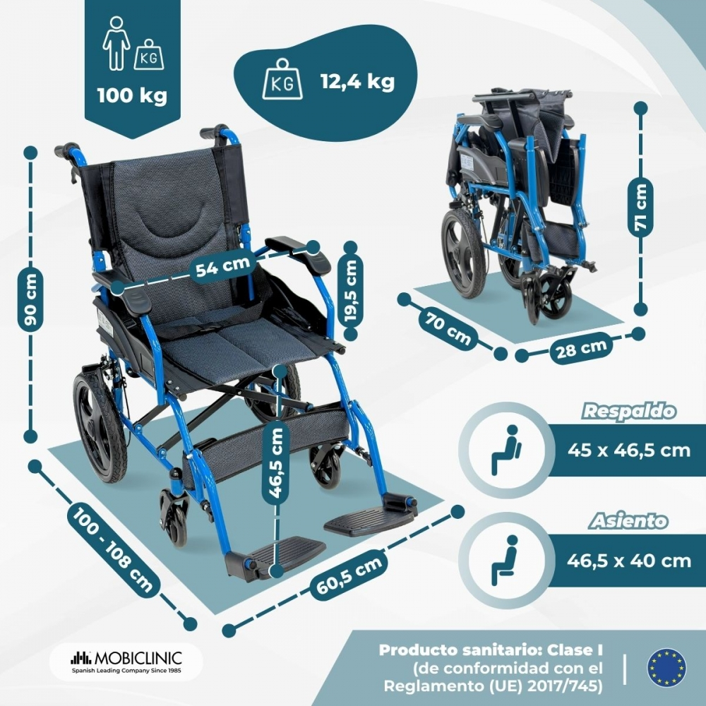 Silla de ruedas azul con dimensiones y peso. Abierta y plegada.