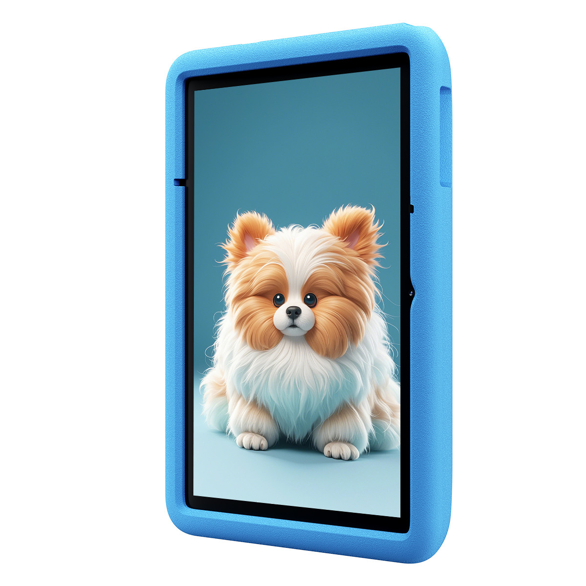 Un cane soffice con pelo marrone e bianco seduto su sfondo blu.