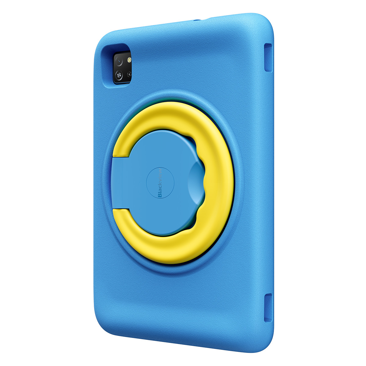 Un tablet blu con manico giallo e fotocamera posteriore.
