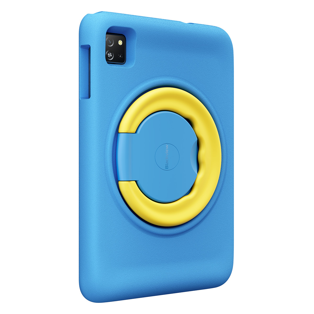 Custodia blu per tablet con manico giallo e ritaglio fotocamera.