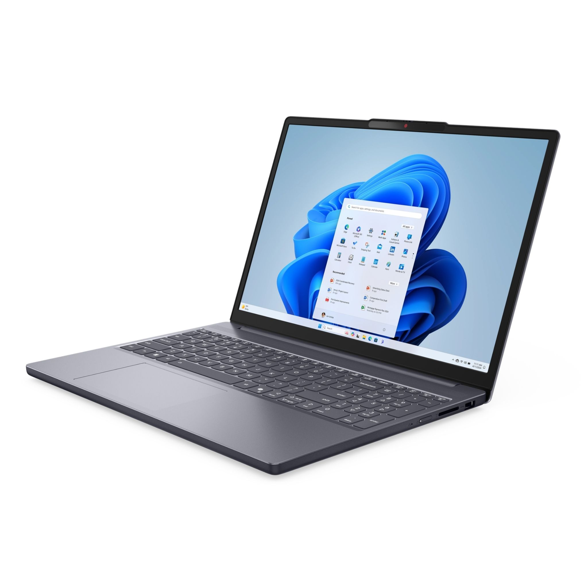 Mavi duvar kağıdı ile Windows 11 başlangıç menüsünü gösteren gri bir dizüstü bilgisayar.