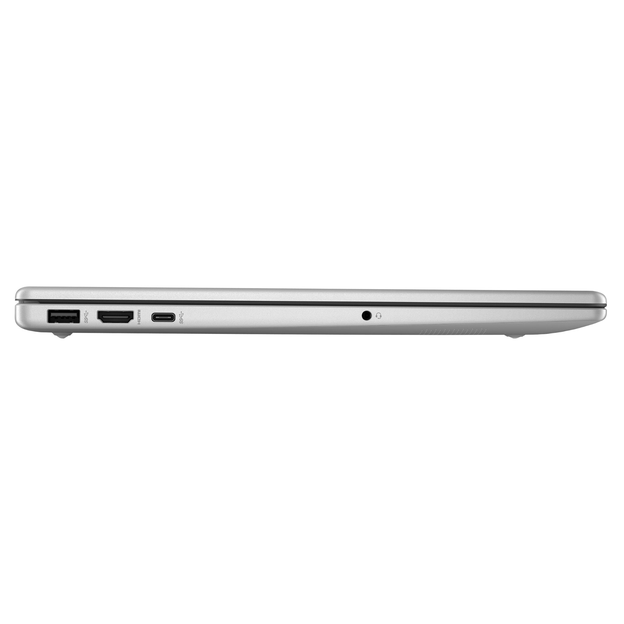 Gümüş renkli laptopta USB-A, HDMI, USB-C ve kulaklık jakı bulunur.