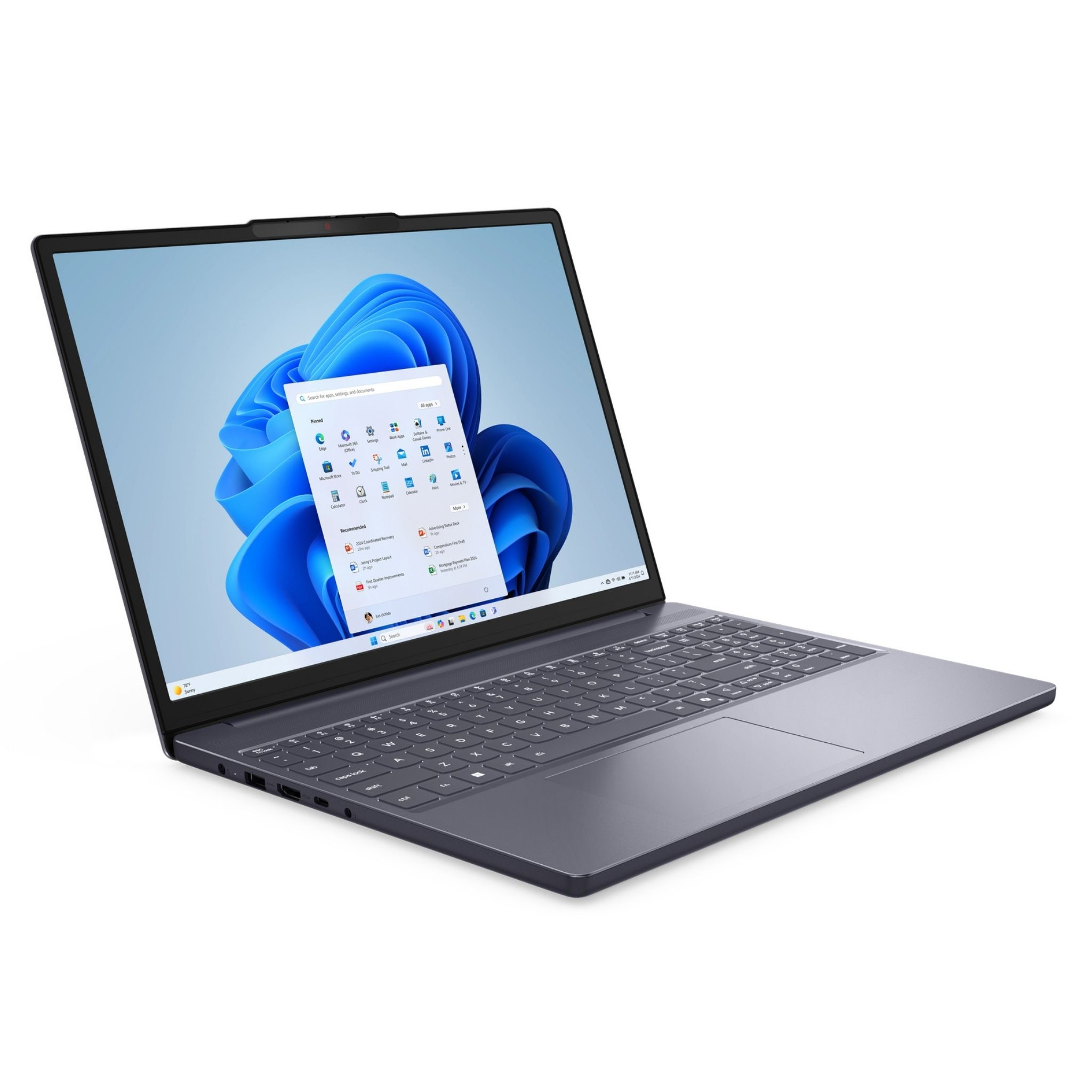 Açık Windows 11 başlangıç menüsüne sahip koyu renkli bir dizüstü bilgisayar.