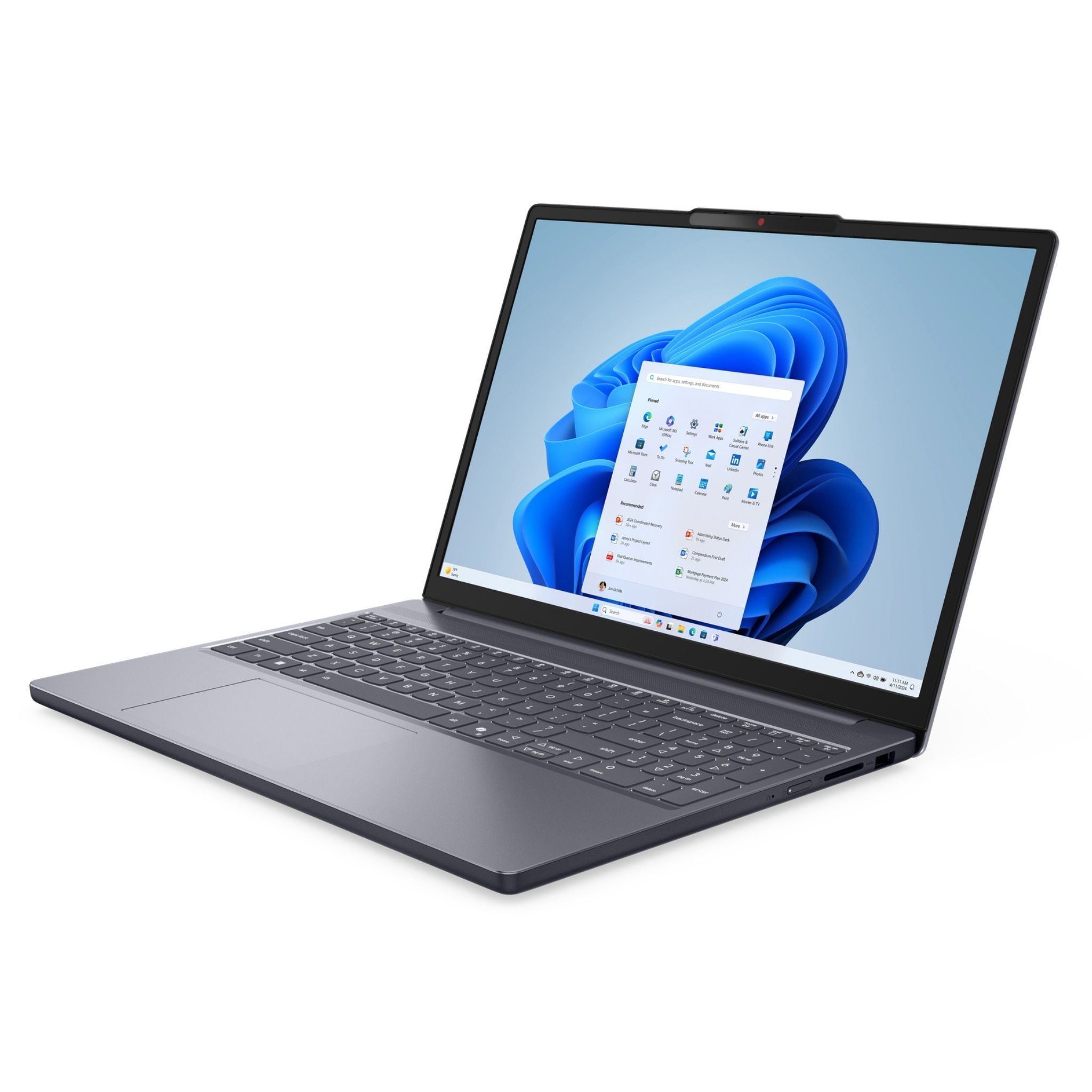 Başlat menüsü açık Windows 11 gösteren gri bir dizüstü bilgisayar.